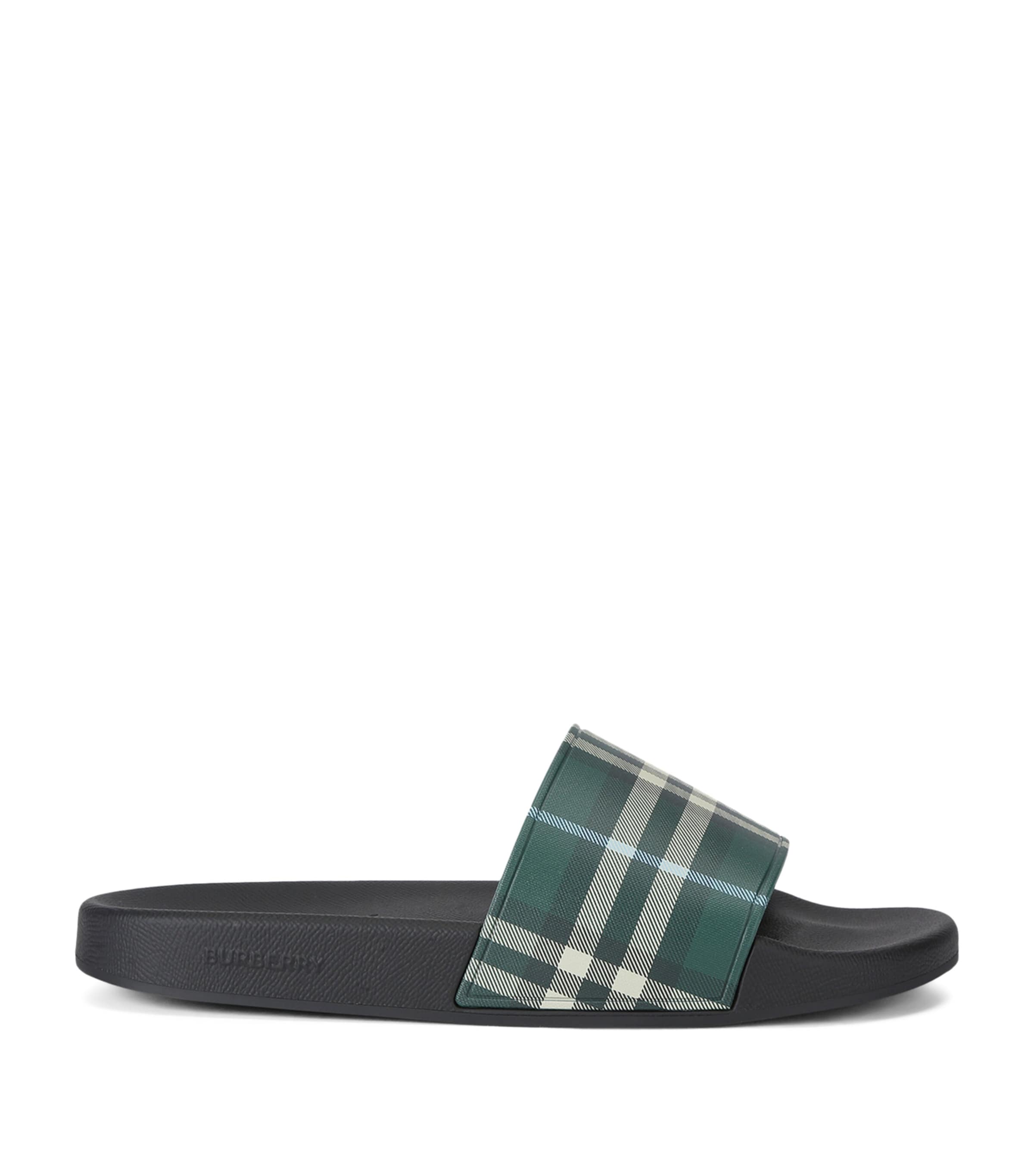 Burberry Mens Green Comb Furley Check Rubber Sliders In Green