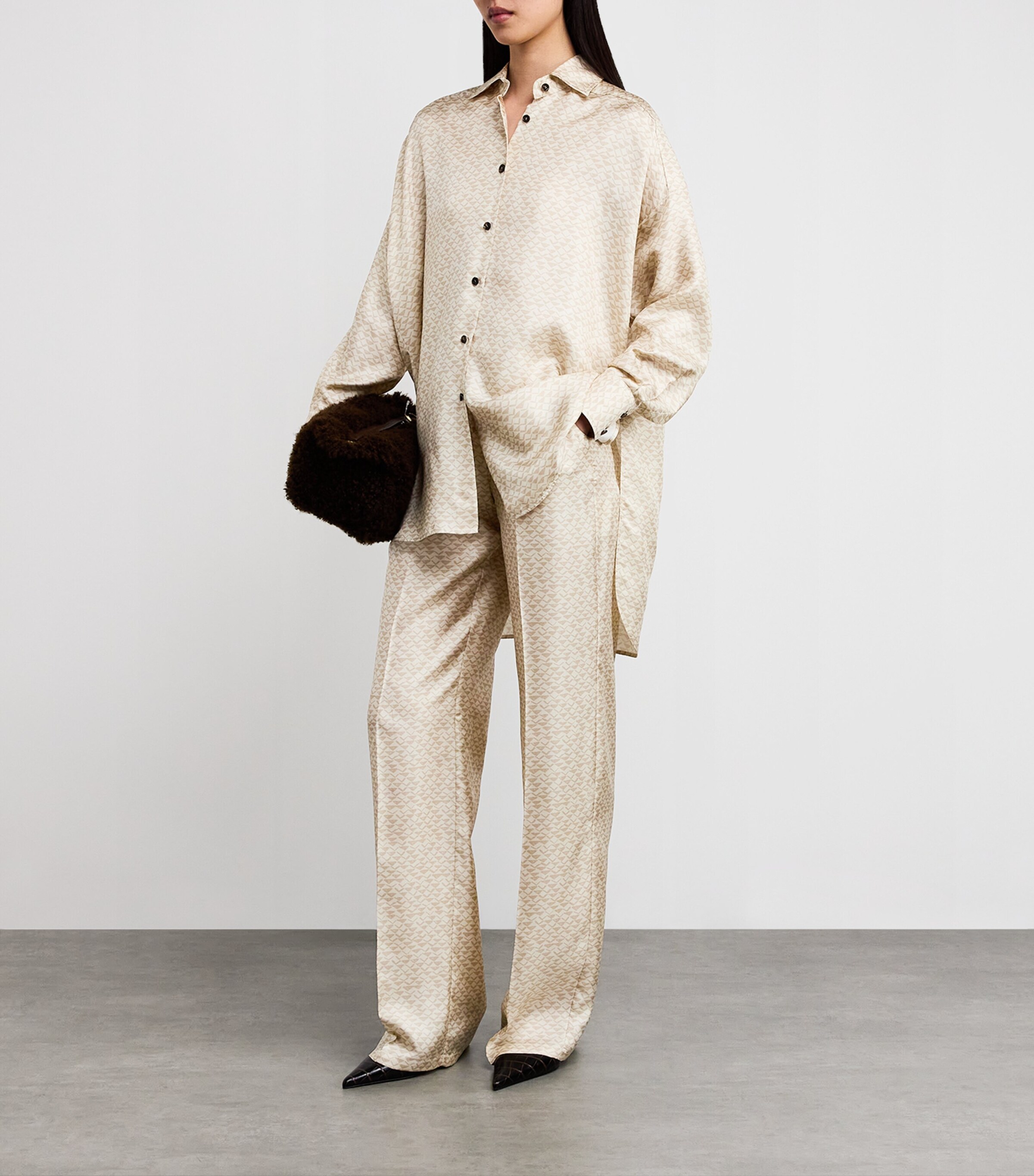 Kiton Womens Silk Printed Oversized Shirt Cream White/beige Image 2
