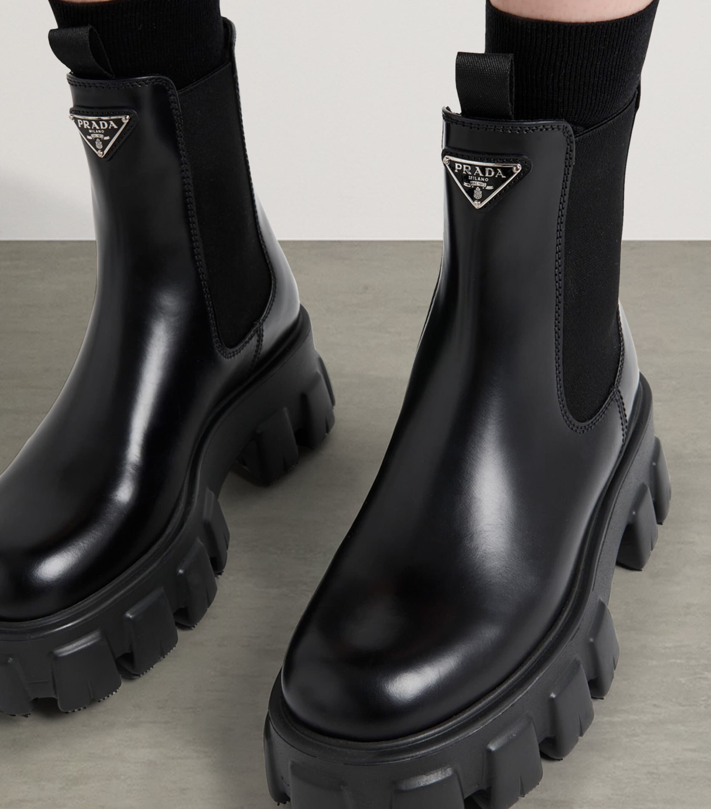 Prada Black Leather Monolith Ankle Boots 55 Harrods UK