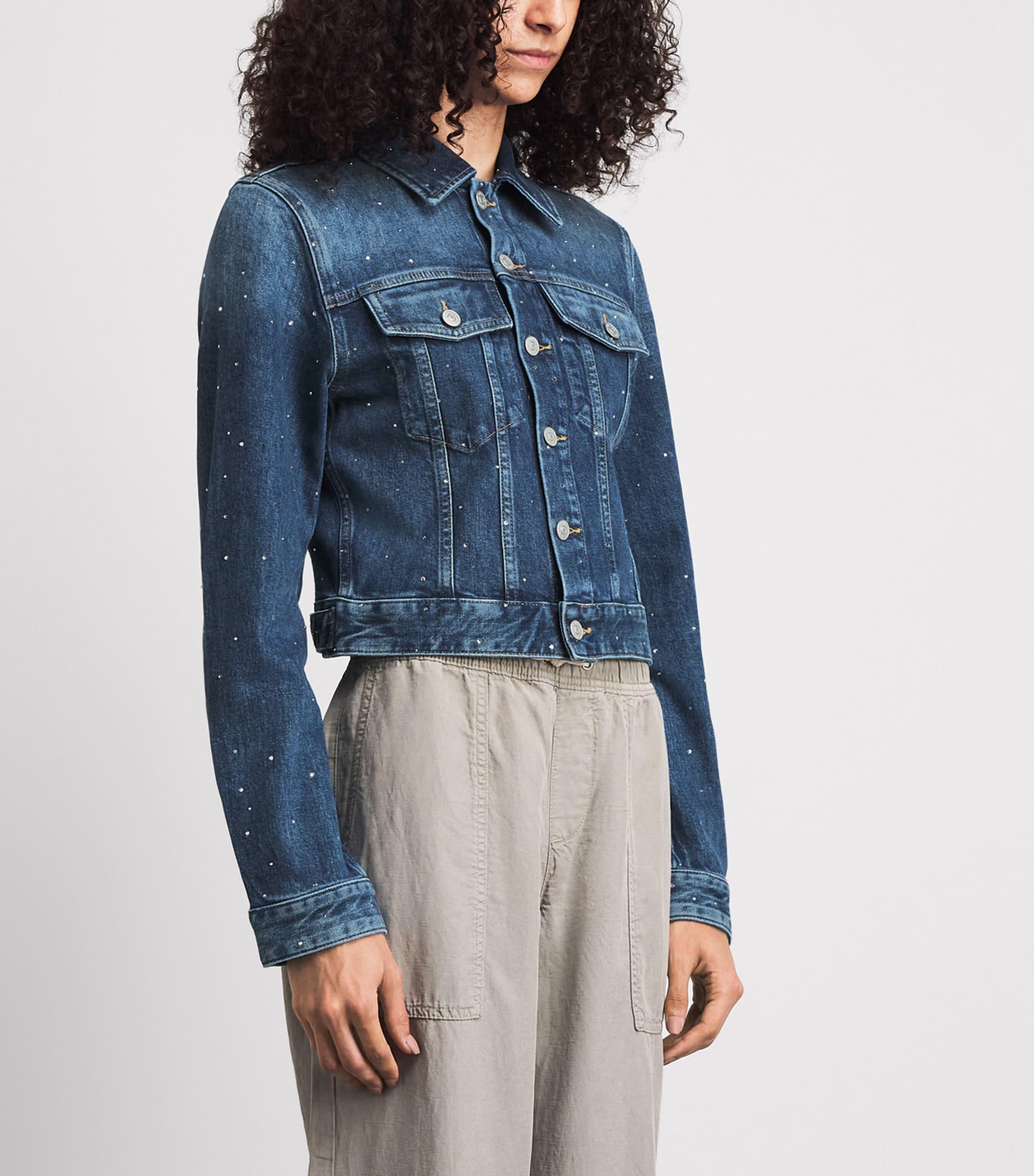 7 For All Mankind Womens Embellished Trucker Denim Jacket Blue Shine Image 4