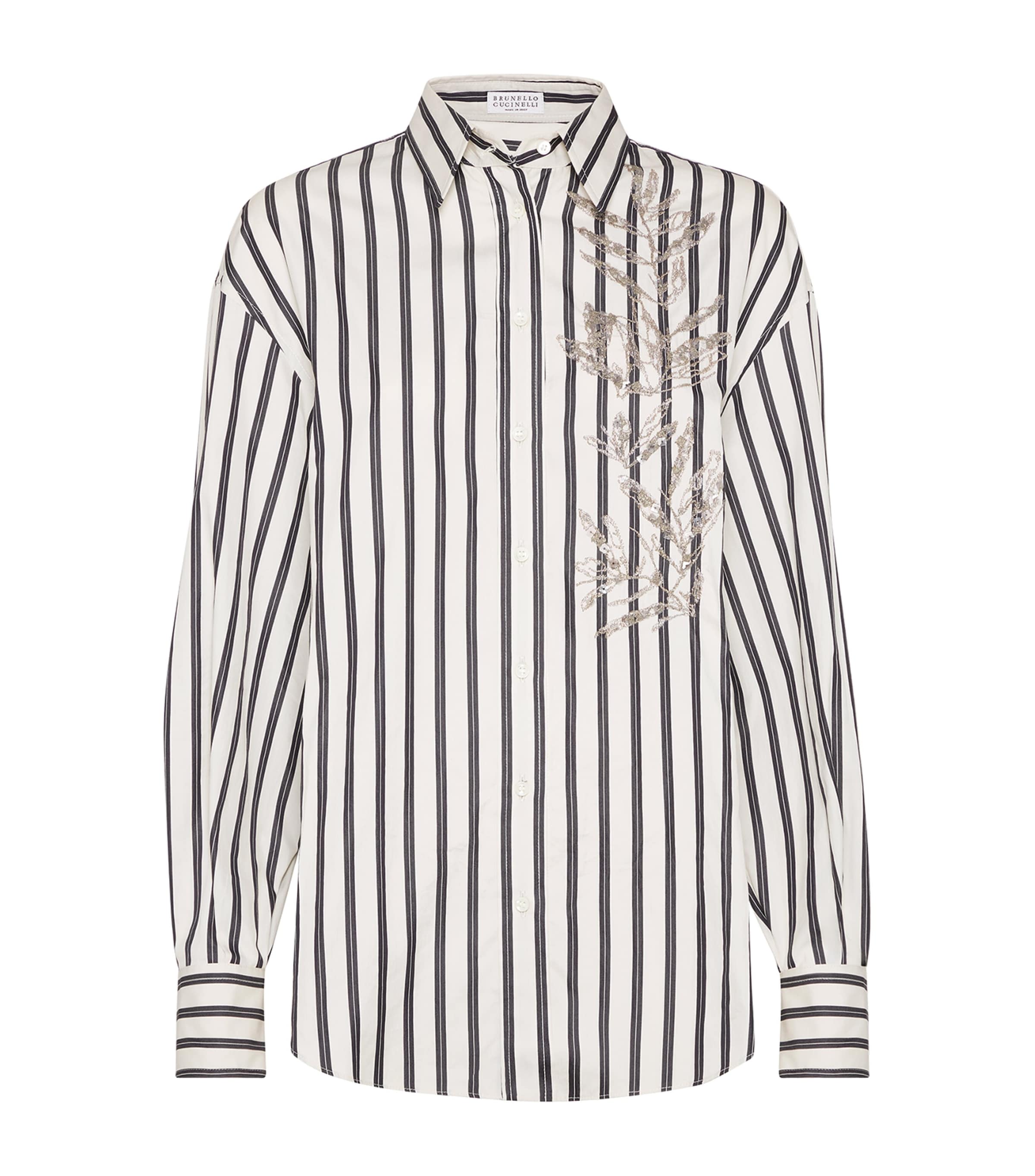 Brunello Cucinelli White Shirt With Floral Embroidery On The Front And All-over Striped Motif In White