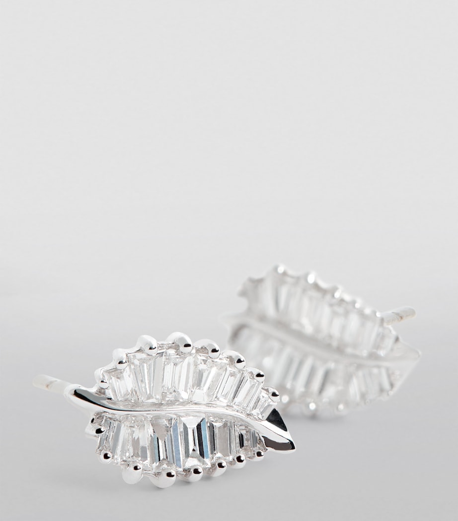 White Gold and Diamond Palm Leaf Stud Earrings WHITE GOLD Image 6