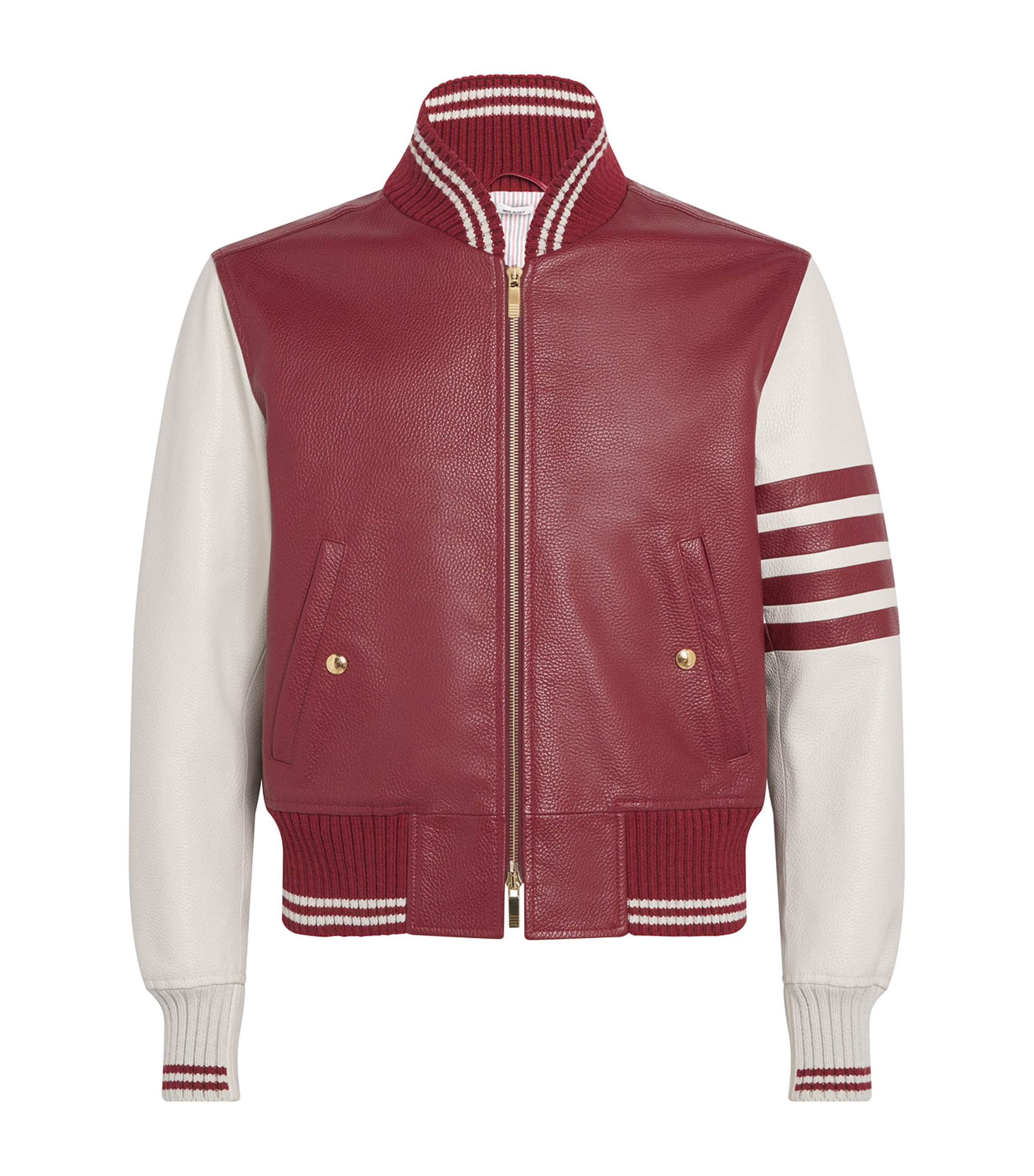 Thom Browne Ribbed Collar Striped Sleeves Jacket Front Pockets In Burgundy