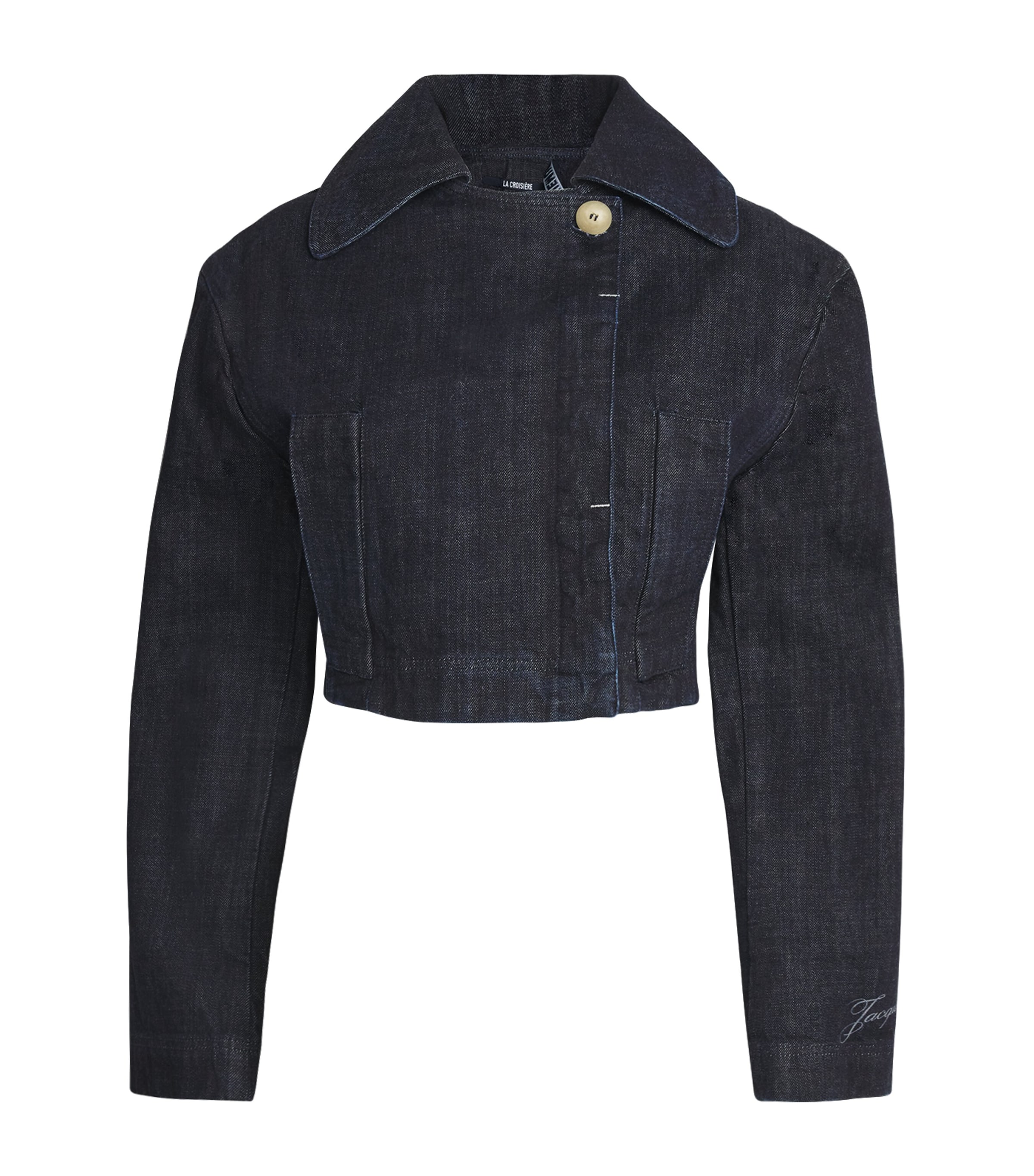 Shop Jacquemus Cropped Denim Jacket In Navy