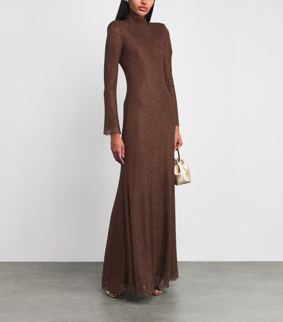 Mesh Rhinestone-Embellished Maxi Dress BROWN Image 2