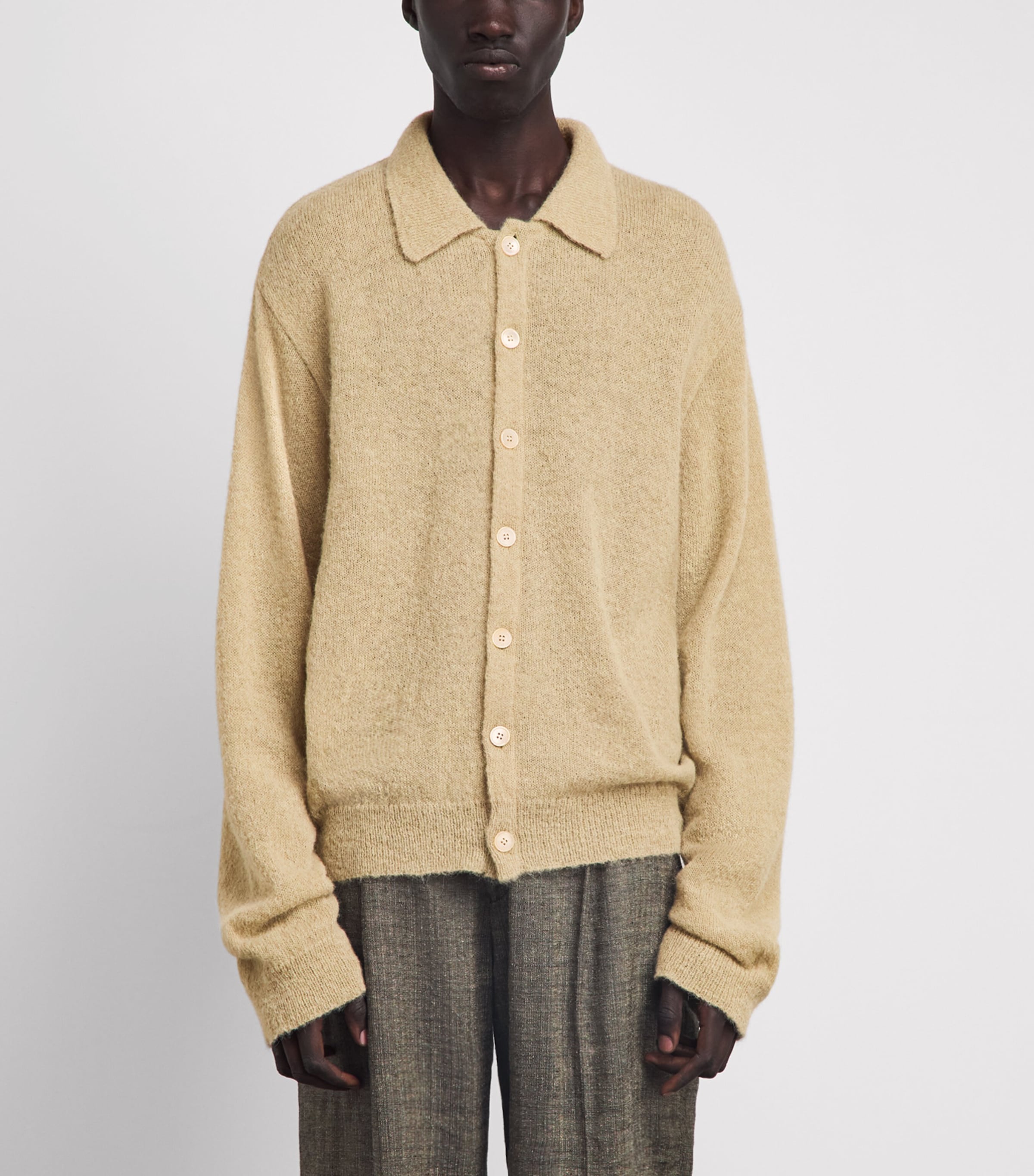 Our Legacy Mens Alpaca-Blend Evening Polo Cardigan Soft Sage Fuzy Alpca Image 4