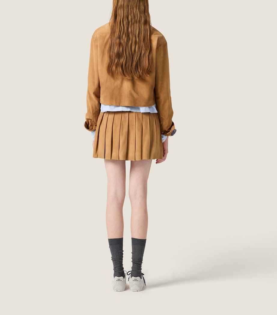 Miu Miu Womens Waxed Suede Pleated Miniskirt Neutral Image 3