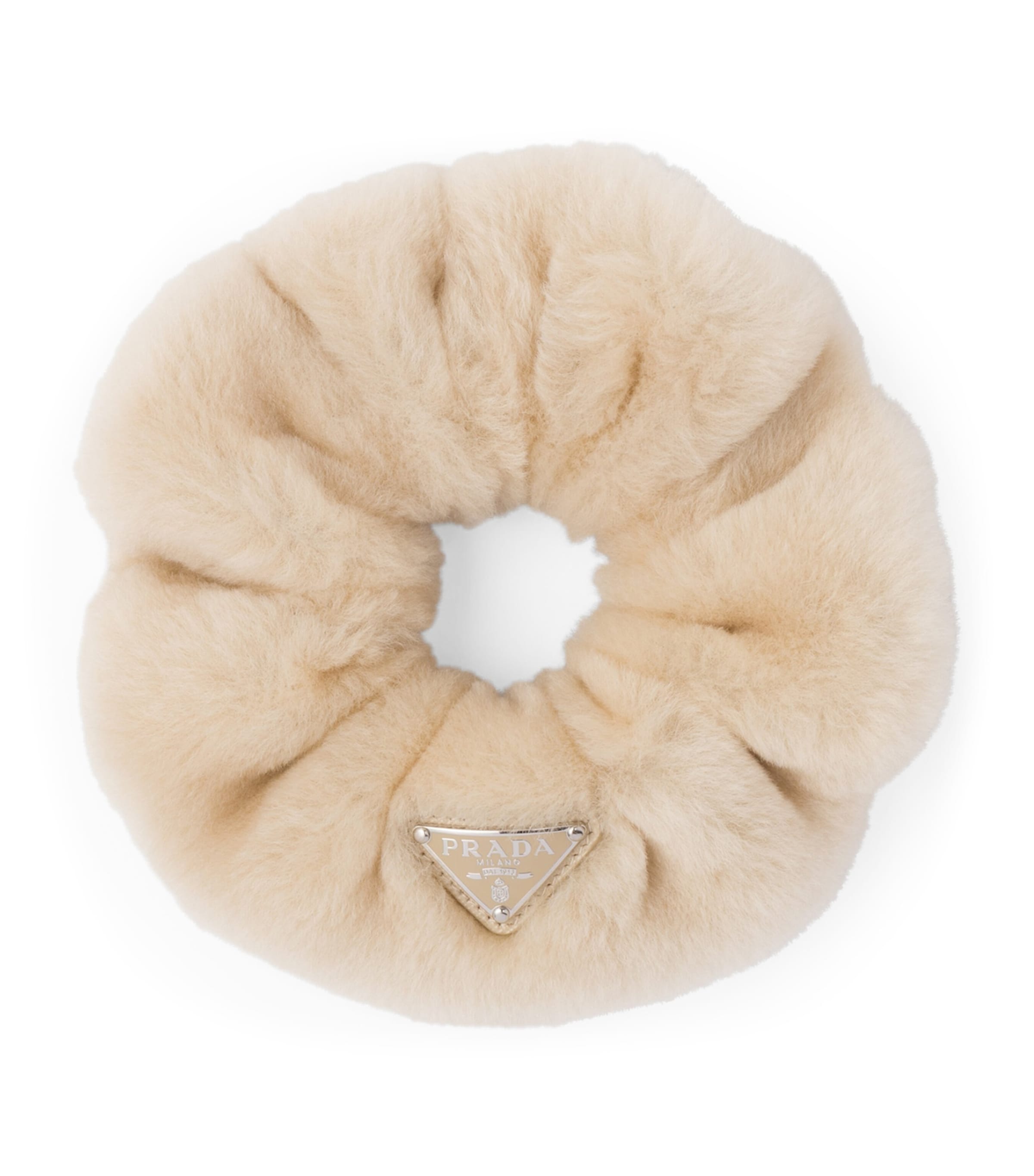Prada Triangle-logo Hair Scrunchie In Beige