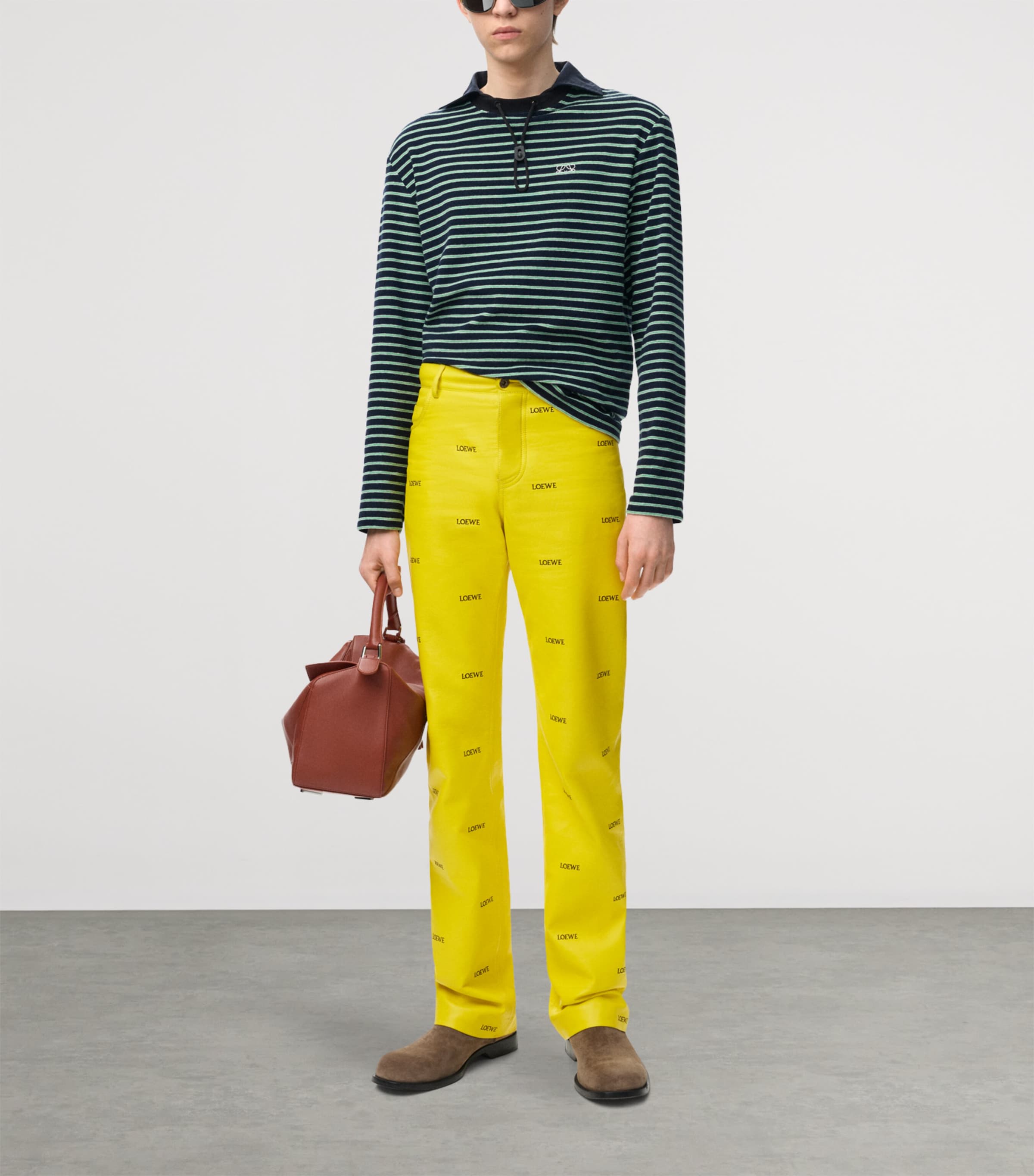 LOEWE Mens Stripe Toggle Polo Shirt Navy Blue/green Image 2