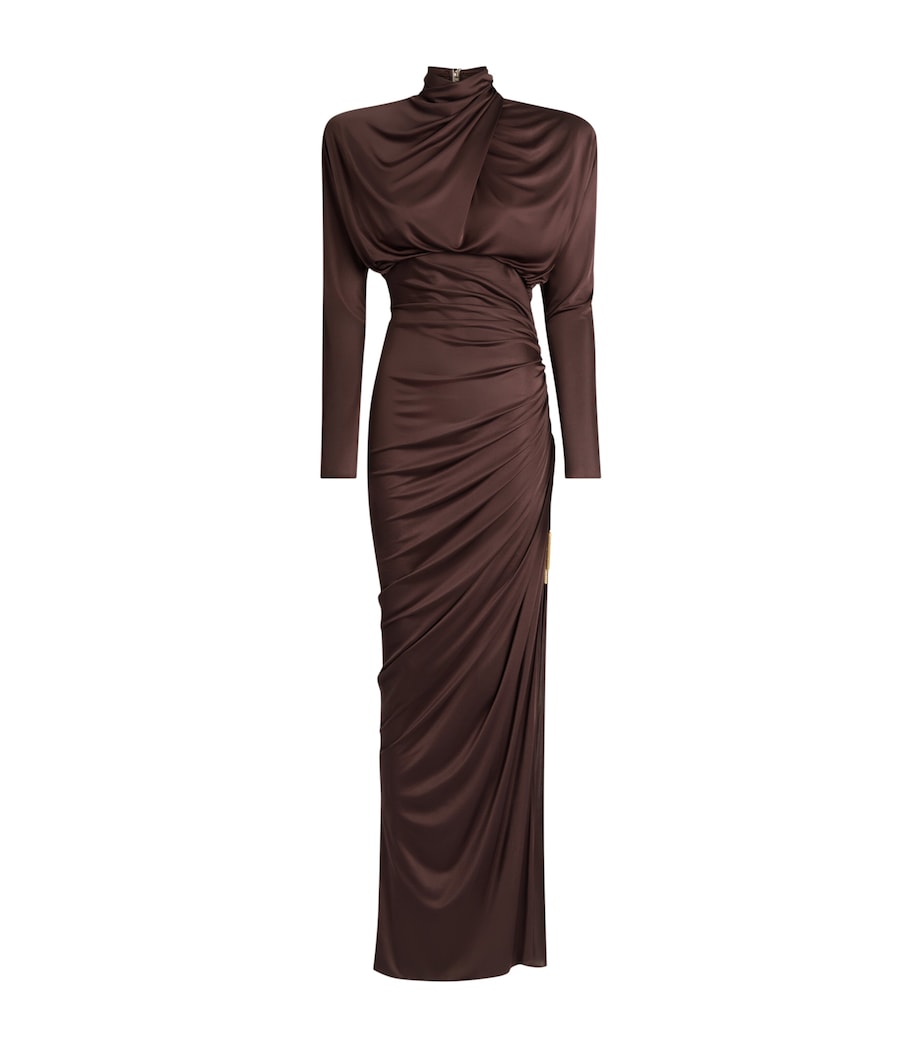 Balmain Womens Draped Long-Sleeve Maxi Dress Brown Marron Image 1