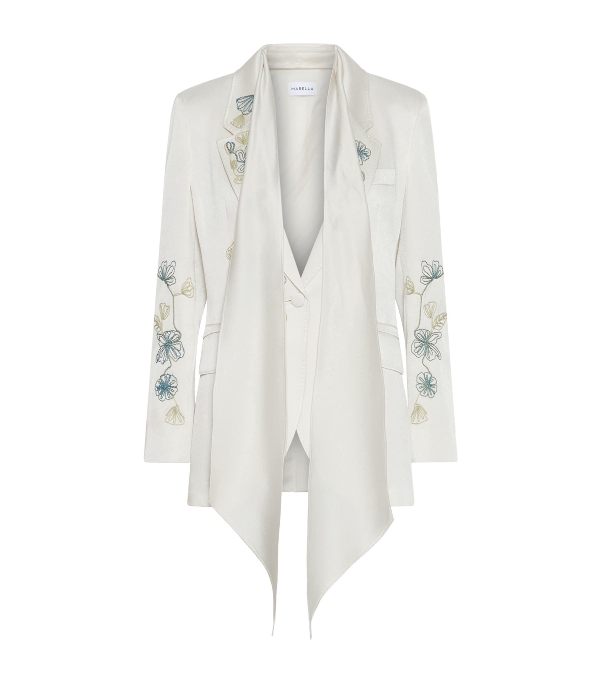 Marella Womens Satin Embroidered Scarf-Detail Blazer Wool White Image 1