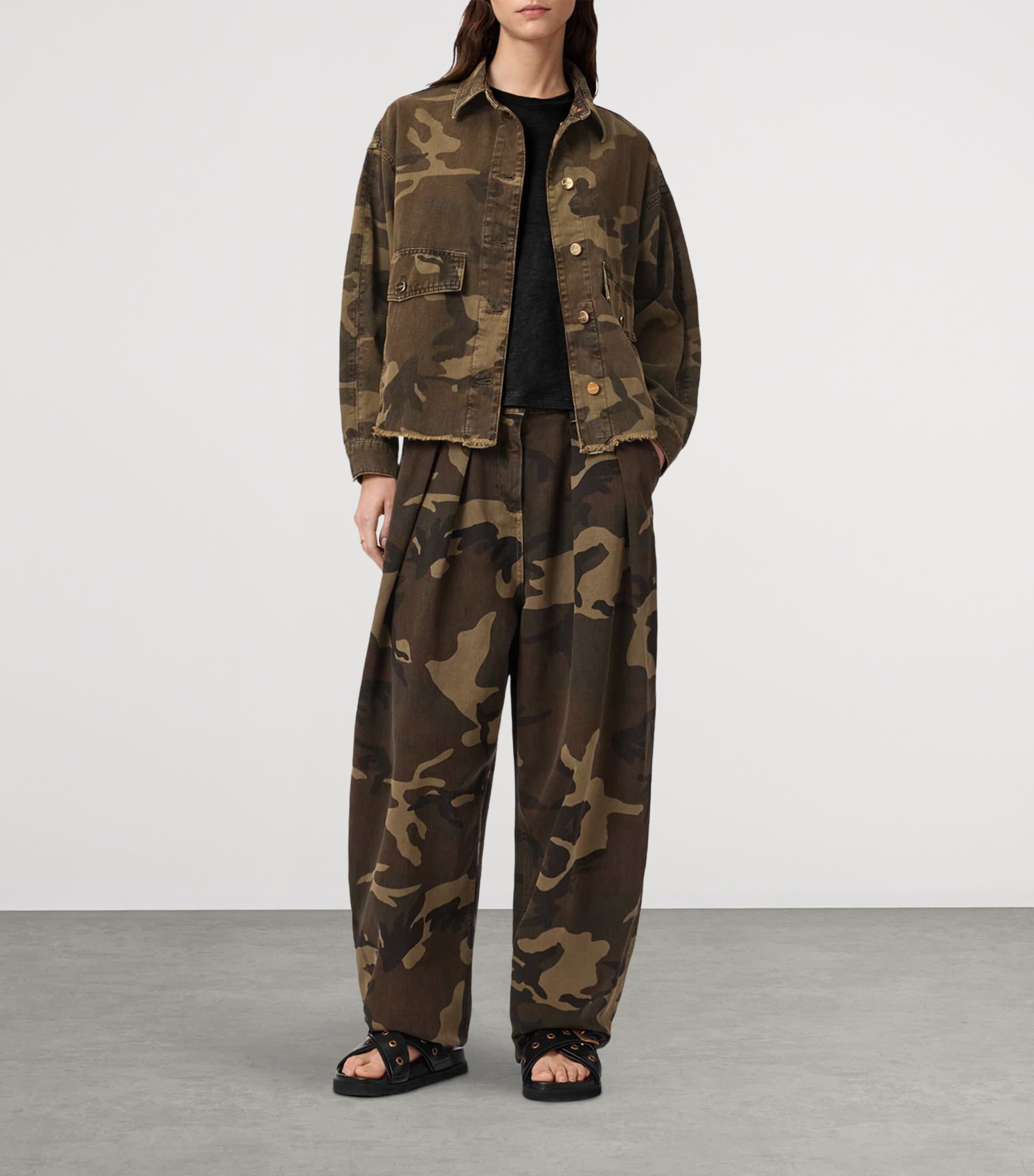 AllSaints Womens Cotton Camouflage Hettie Shacket Camo Green Image 2