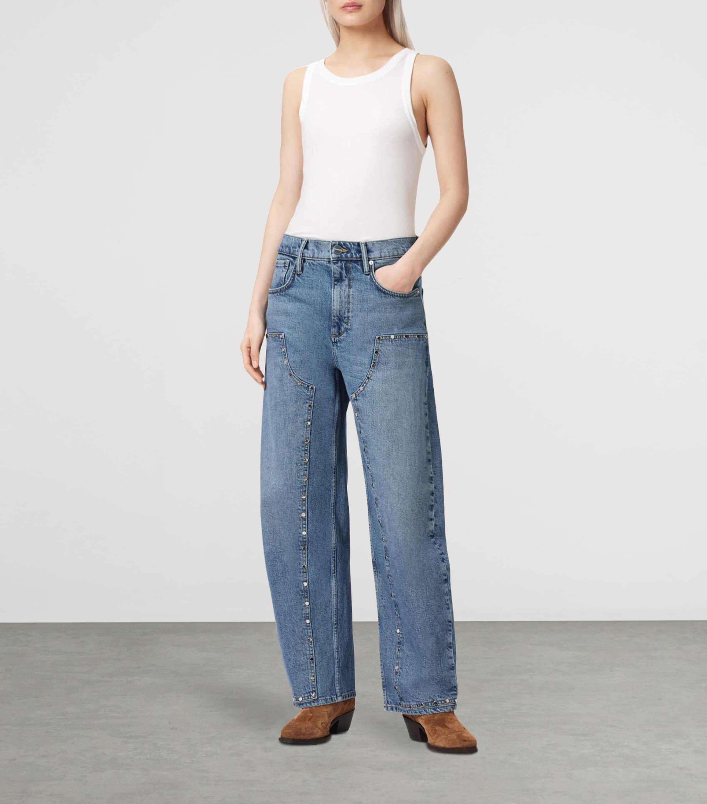 AllSaints Womens Sadie Studded Barrel-Leg Jeans Light Indigo Image 2