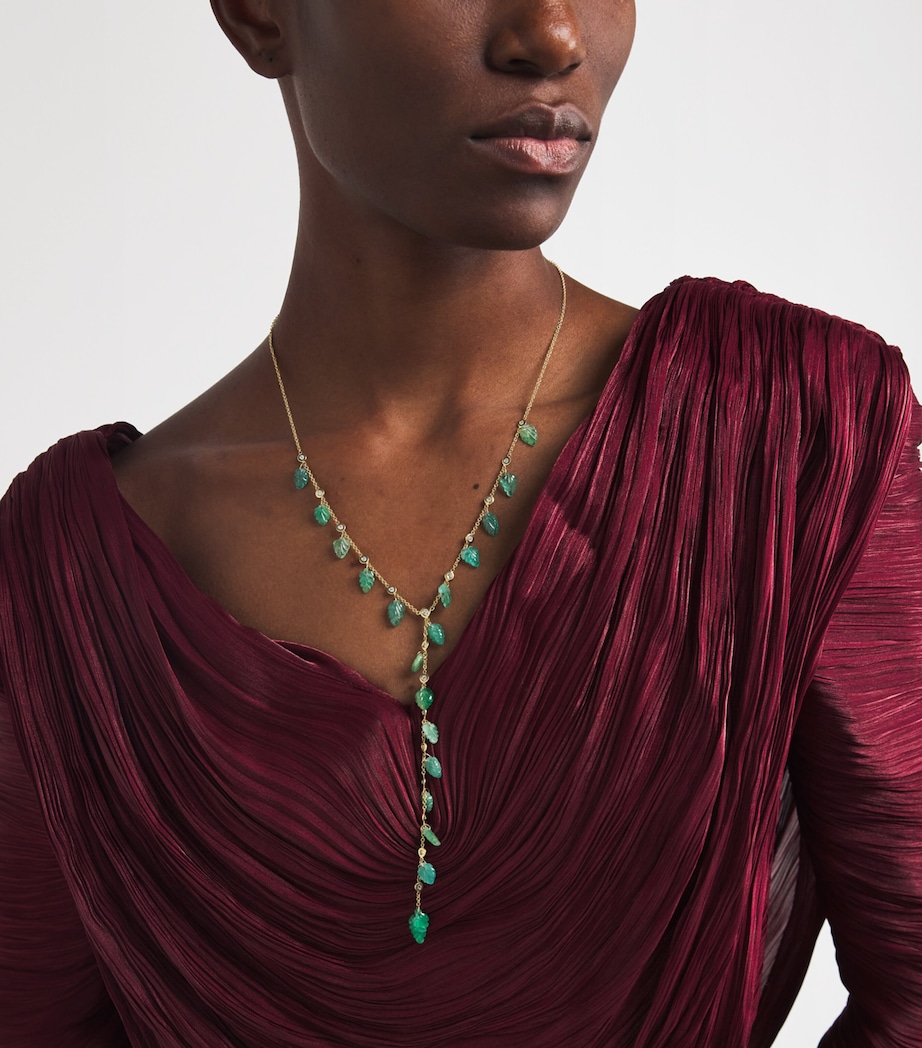 Yellow Gold, Diamond and Emerald Shaker Leaf Necklace YELLOW GOLD Image 2