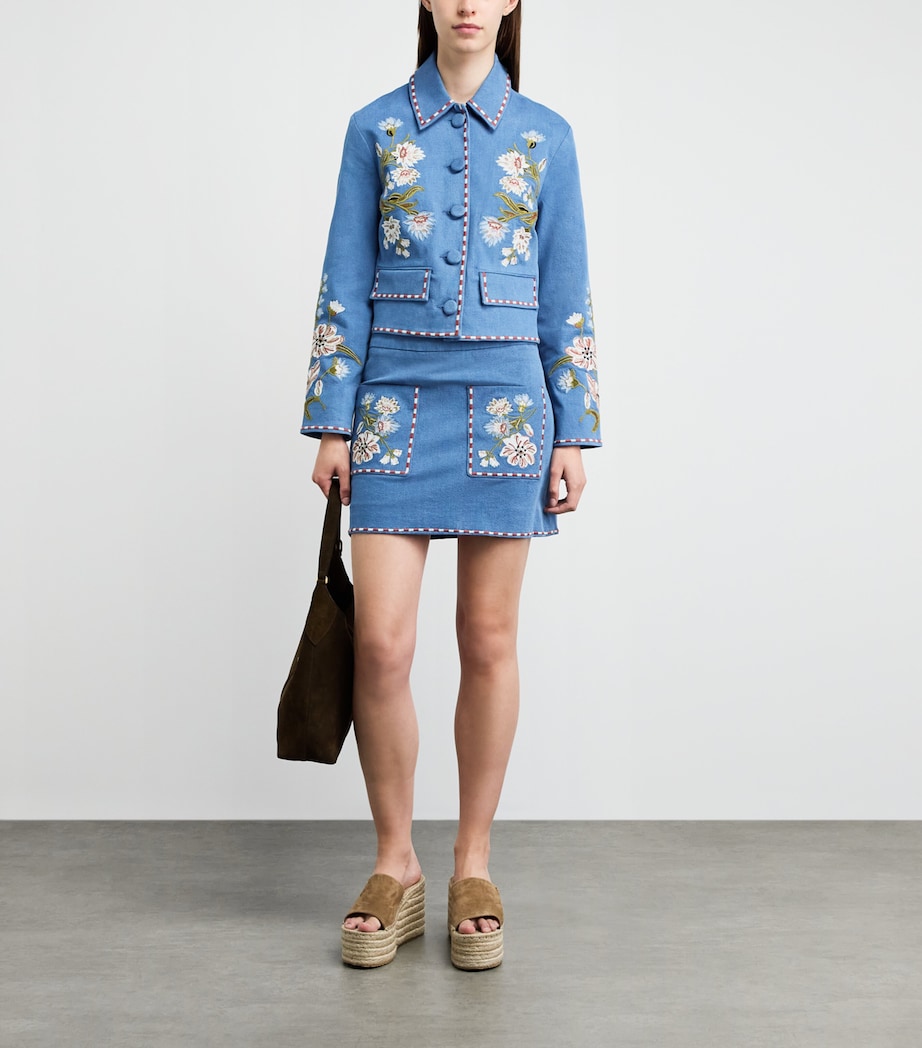 Veronica Beard Womens Denim Embroidered Mini Skirt Sea Glare Image 2