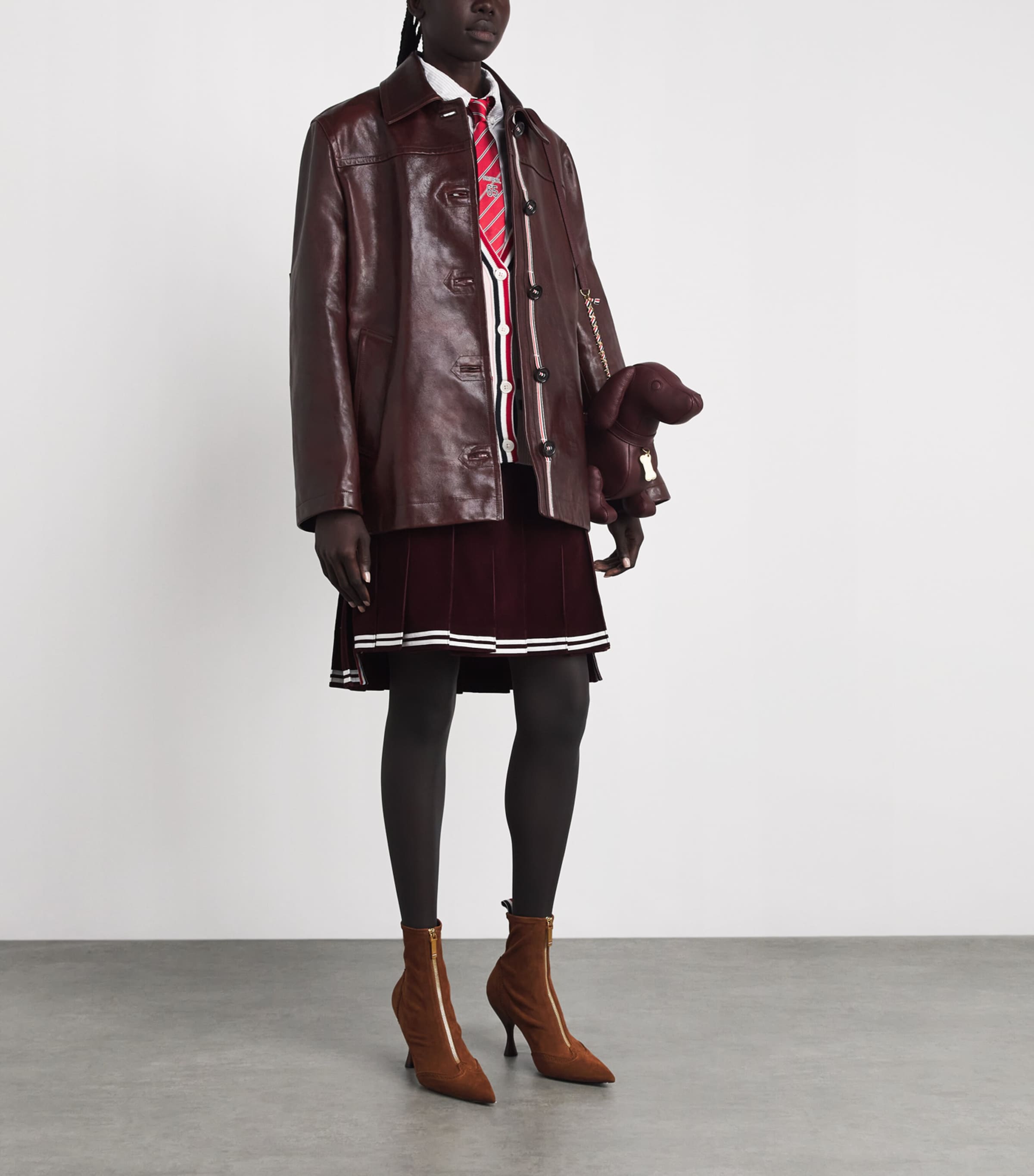 Thom Browne Womens Dockside Leather Coat Burgundy Image 2