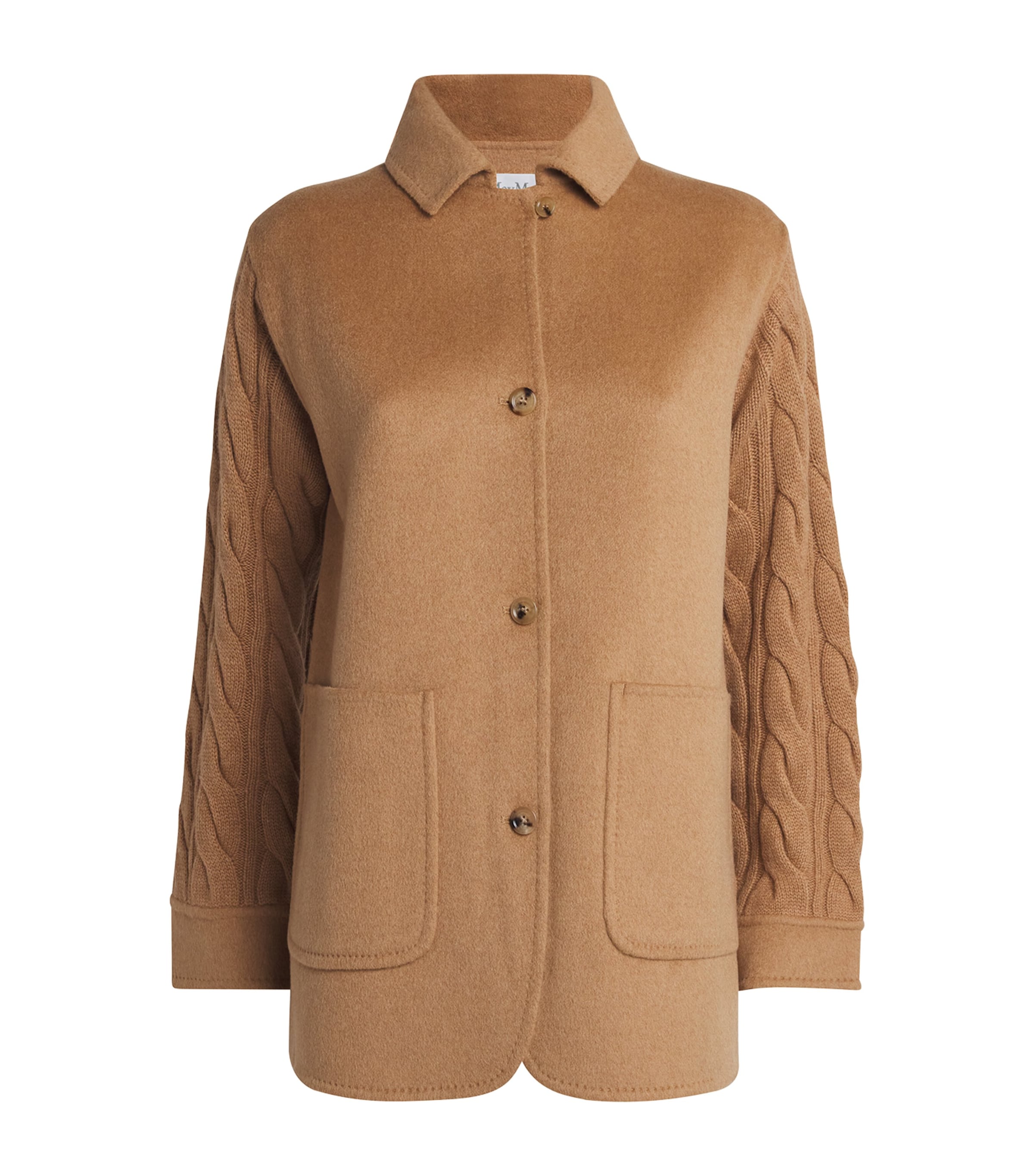 Max Mara Tacco Camel Hair Braided Coat With Knitted Sleeves In Brown