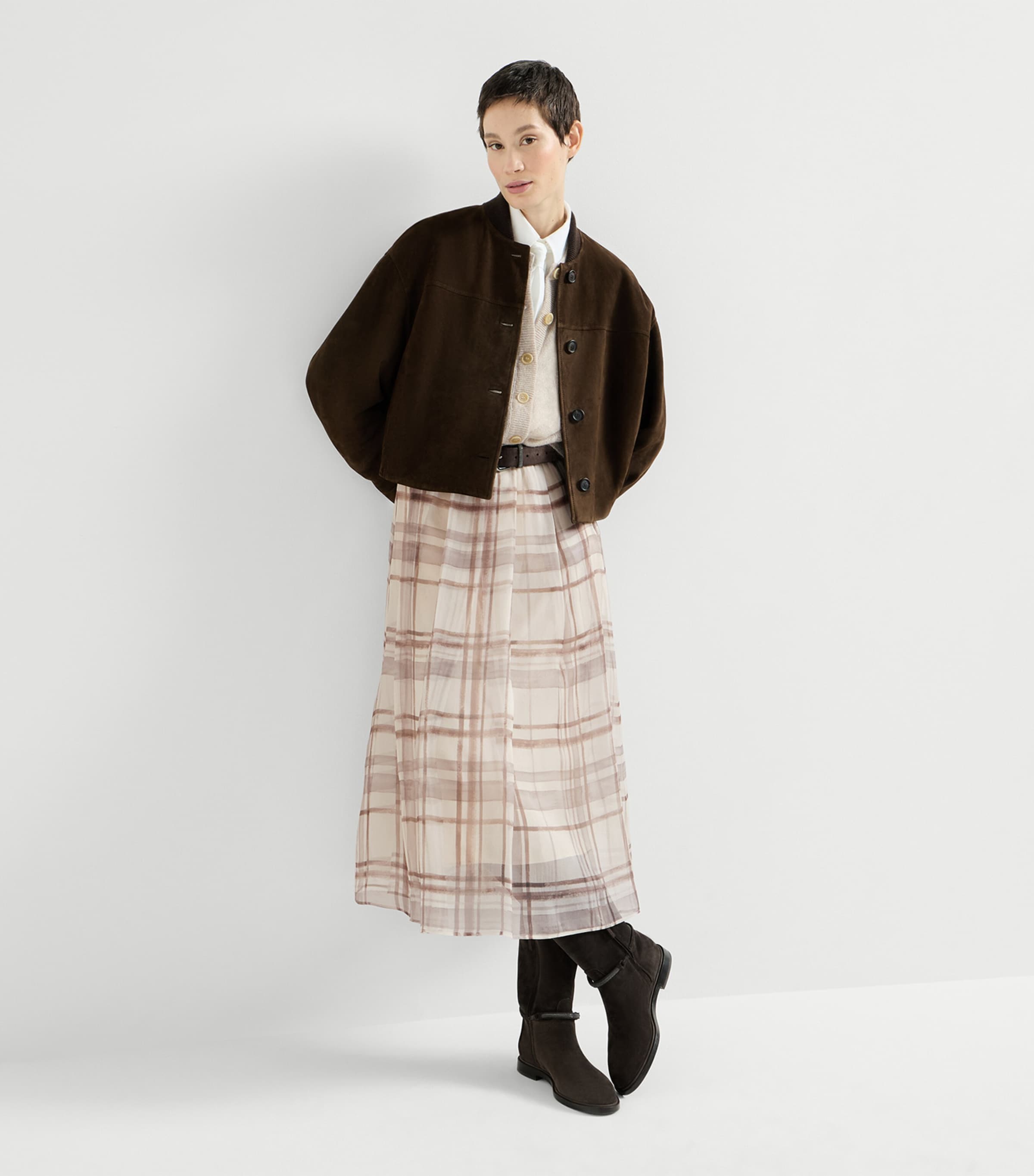Brunello Cucinelli Womens Silk Check Midi Skirt Image 4