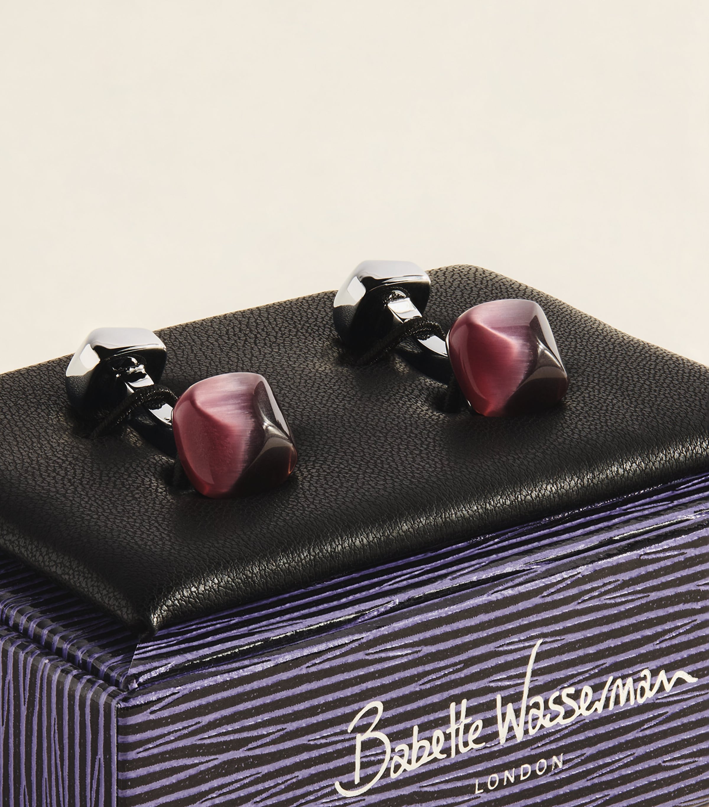 Babette Wasserman Rhodium-Plated Cat’s Eye Twist Square Cufflinks Purple Image 3