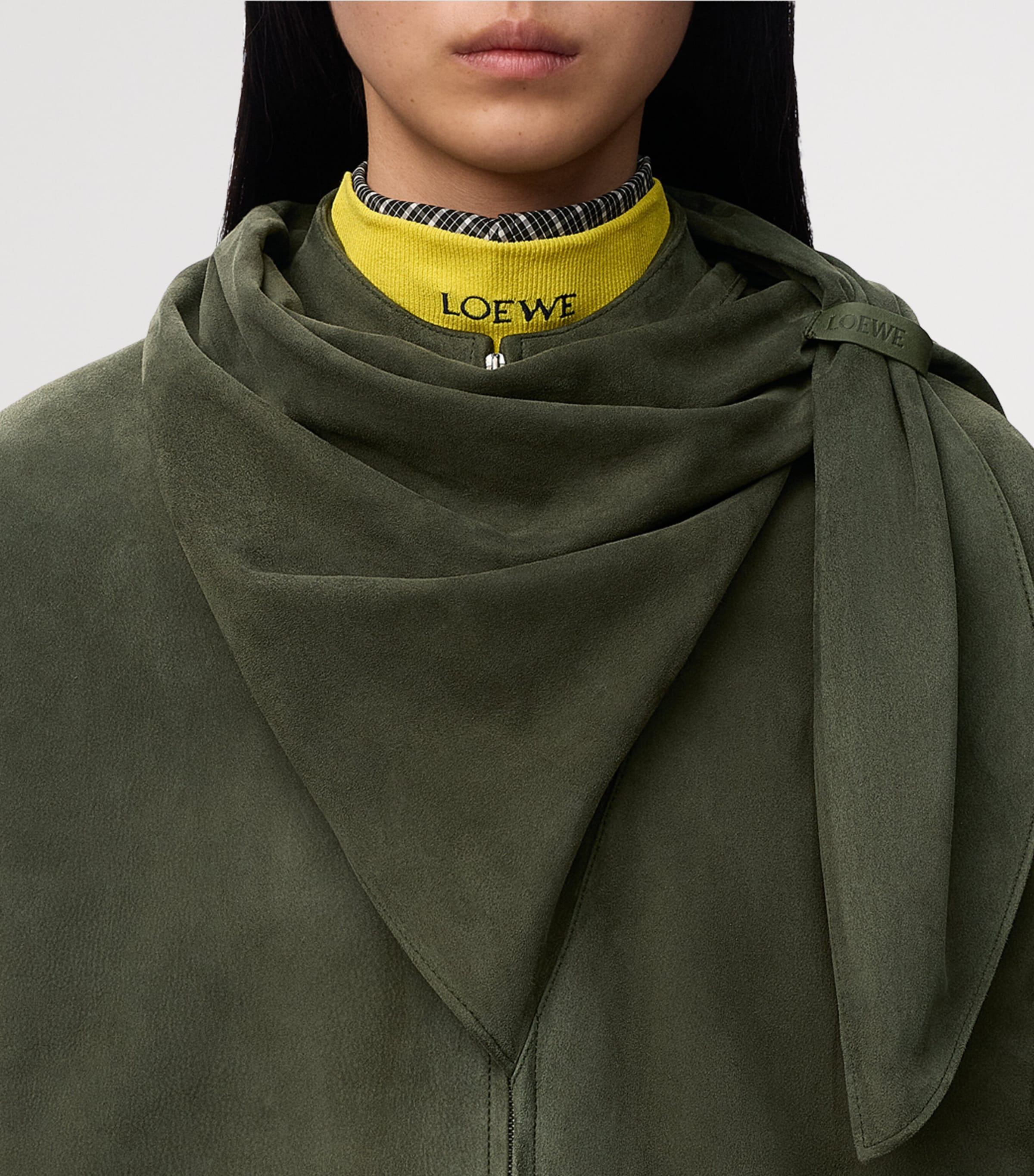 LOEWE Womens Suede Scarf-Detail Jacket Khaki Green Image 5