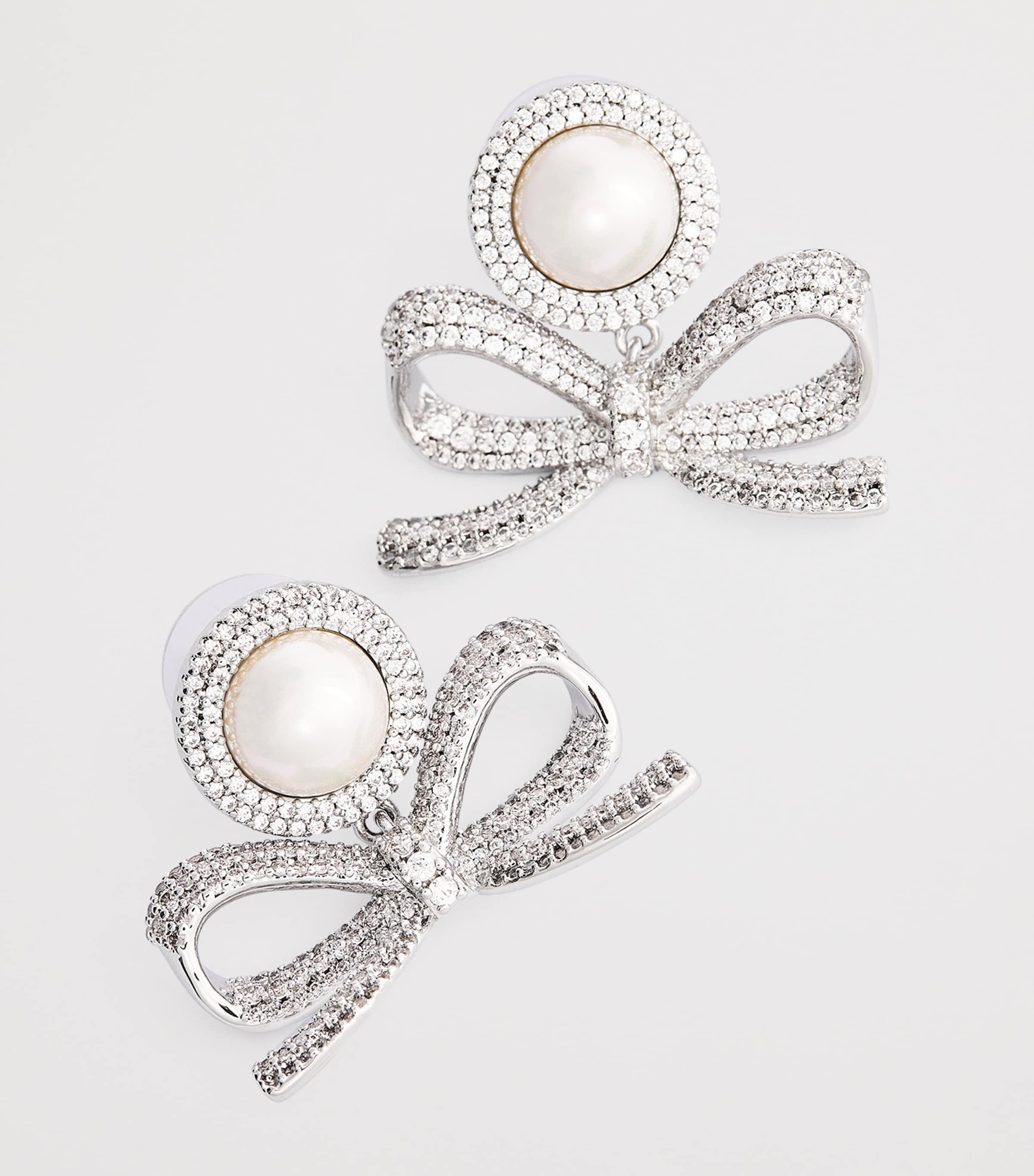 Self-Portrait Crystal-Faux Pearl Bow Drop Earrings Silver Image 6