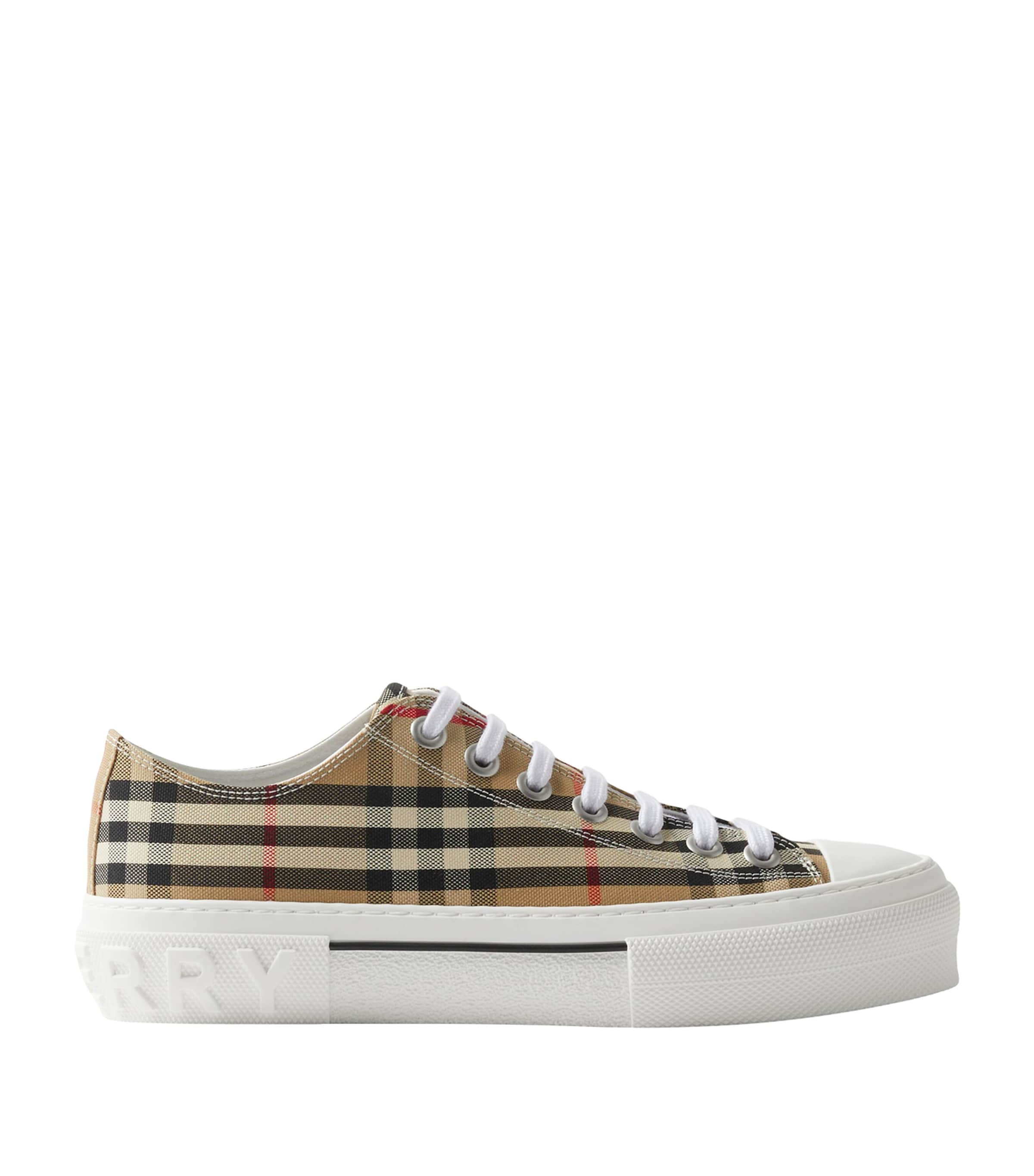 Shop Burberry Cotton Check Sneakers In Beige