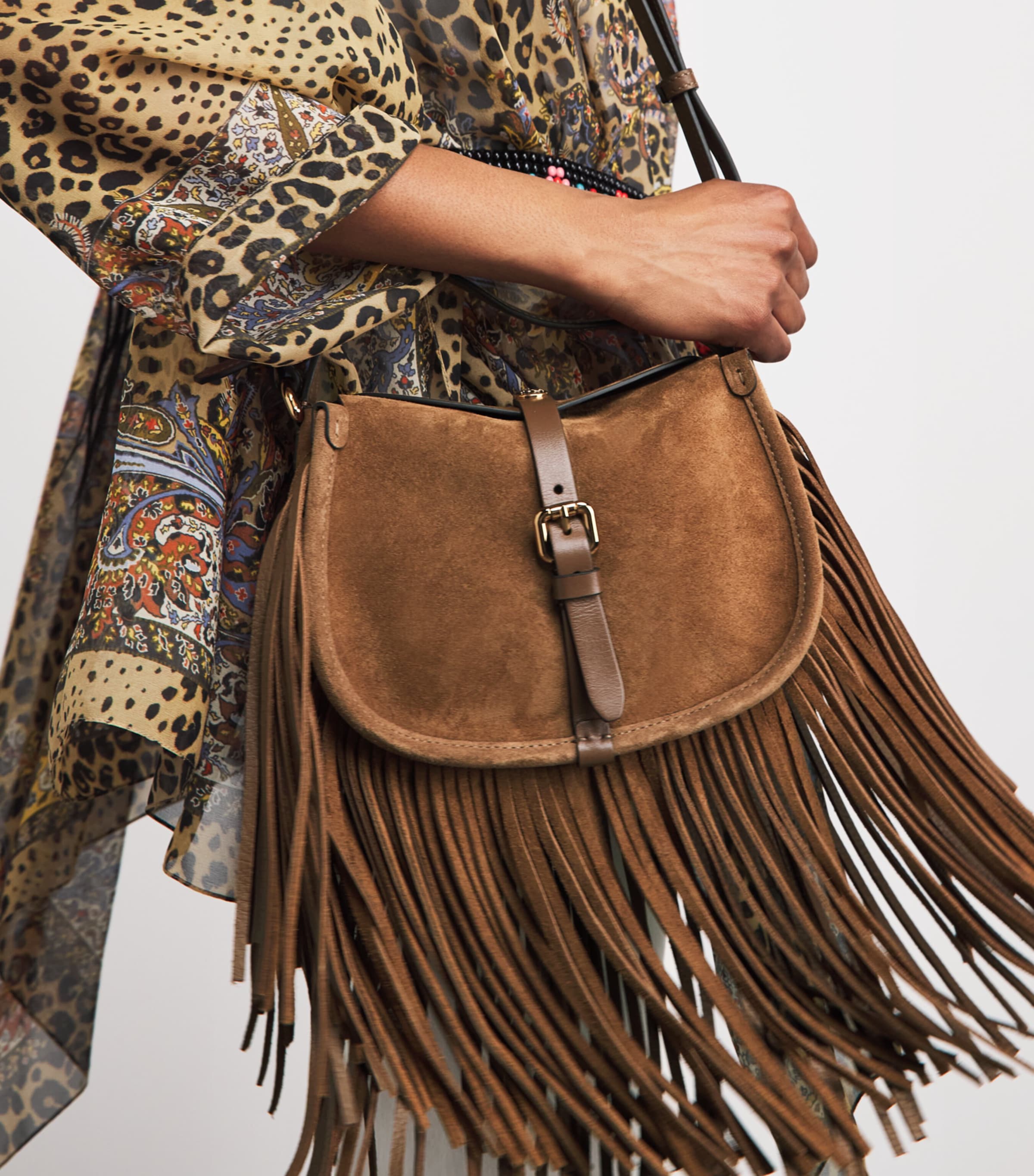 Etro Small Suede Fringed Pony Shoulder Bag Sand Image 2