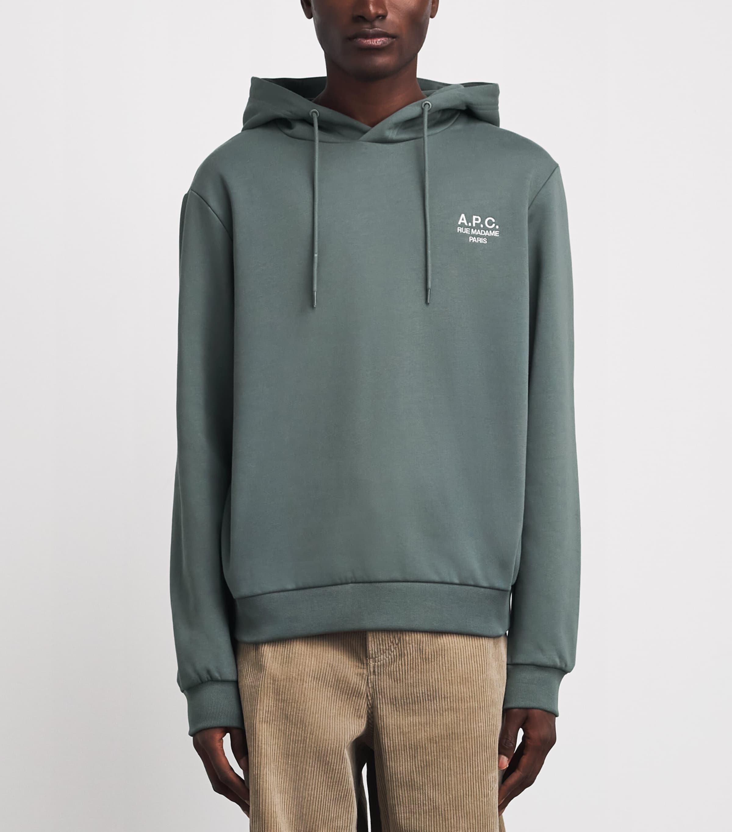 A.P.C. Mens Cotton Rue Madame Logo Hoodie Vert Grise / Blanc Image 4