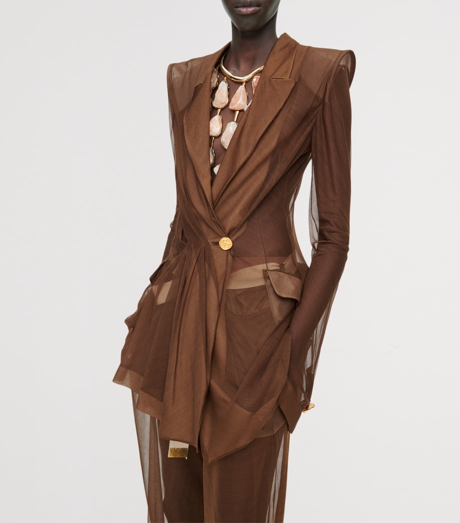 Schiaparelli Womens Silk Transparent Double-Breasted Jacket Brown Image 4