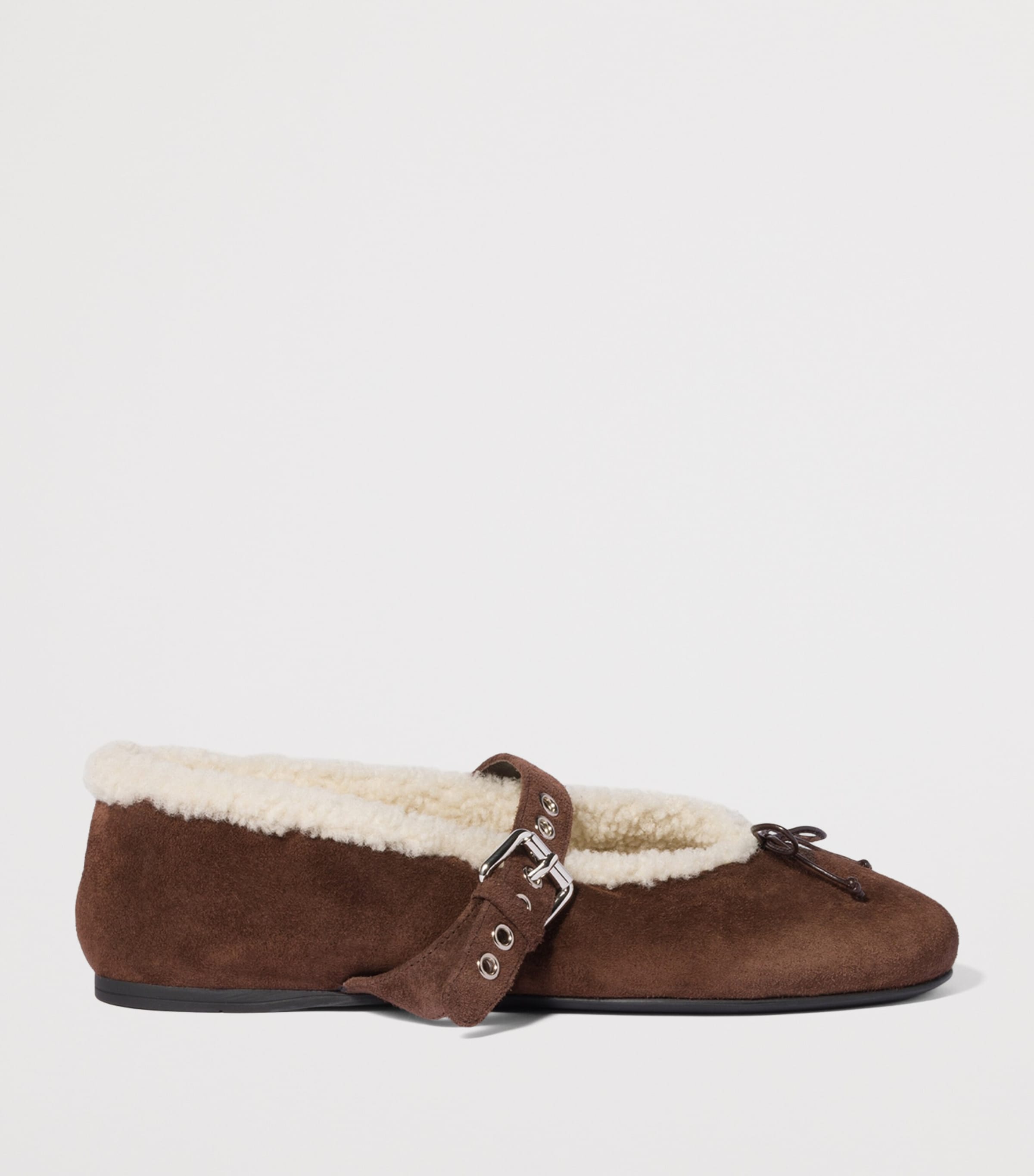 Miu Miu Suede Shearling Ballet Flats Brown Image 2