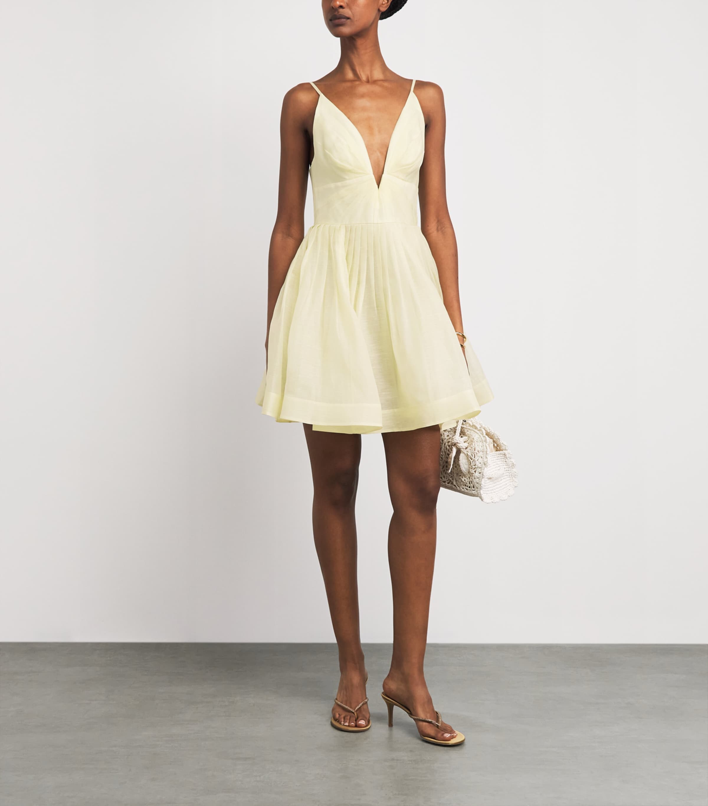 Zimmermann Linen-Silk Plunge Mini Dress Lemon