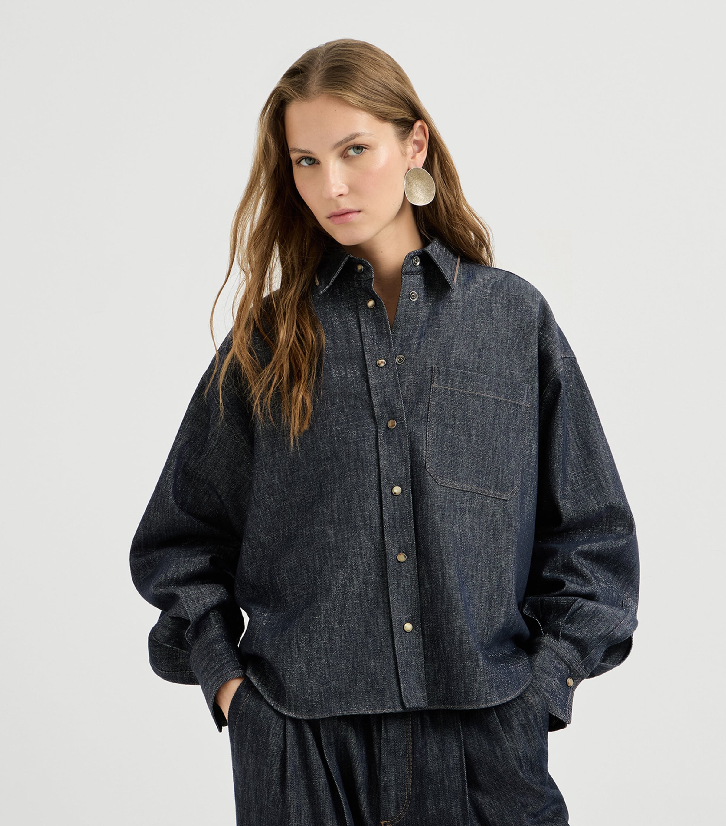 Brunello Cucinelli Womens Monili-Trim Denim Shirt Blu/silver Image 2