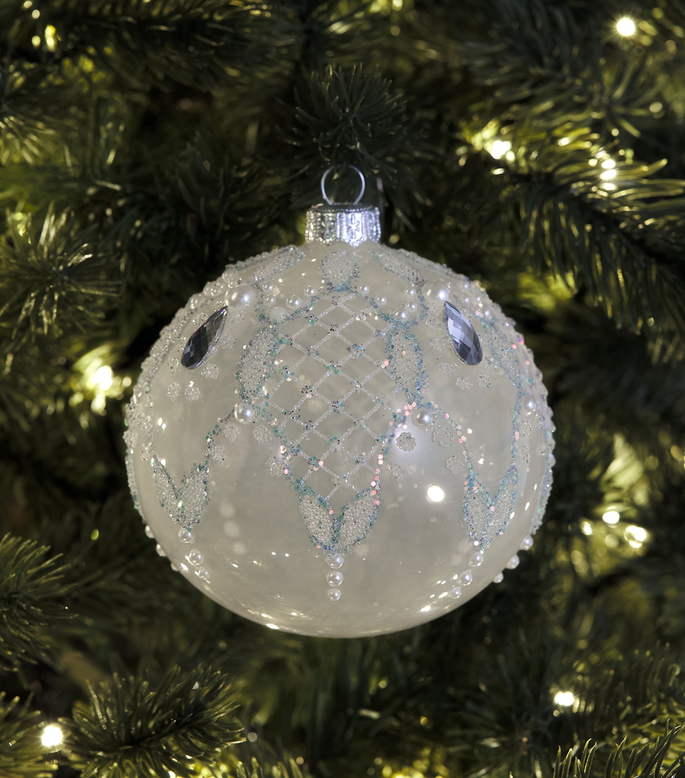 Harrods Glass Glitter Criss-Cross Bauble White/ Transparent Image 3