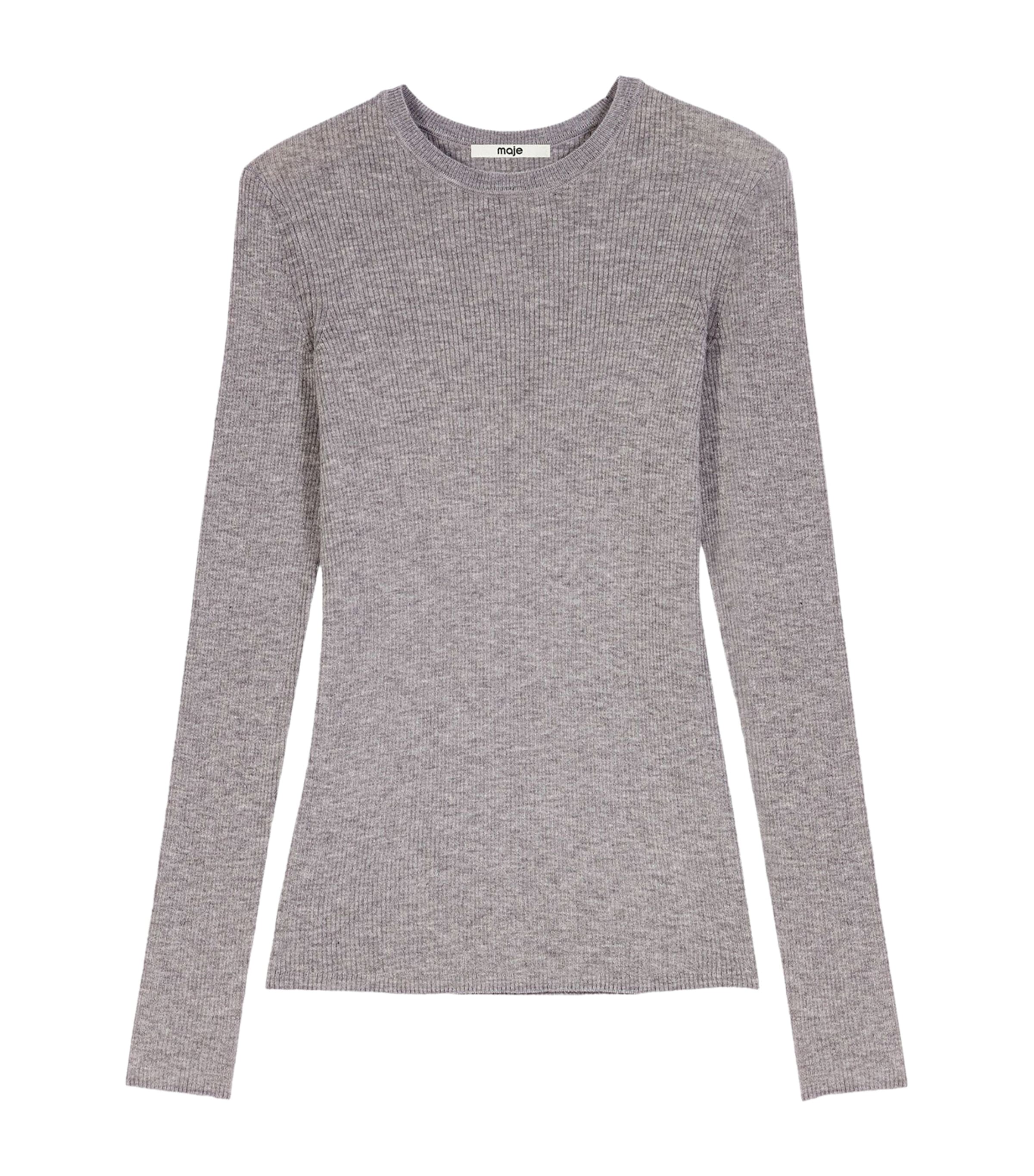 Maje Womens Wool-Silk Rib-Knit Sweater Grey Image 1