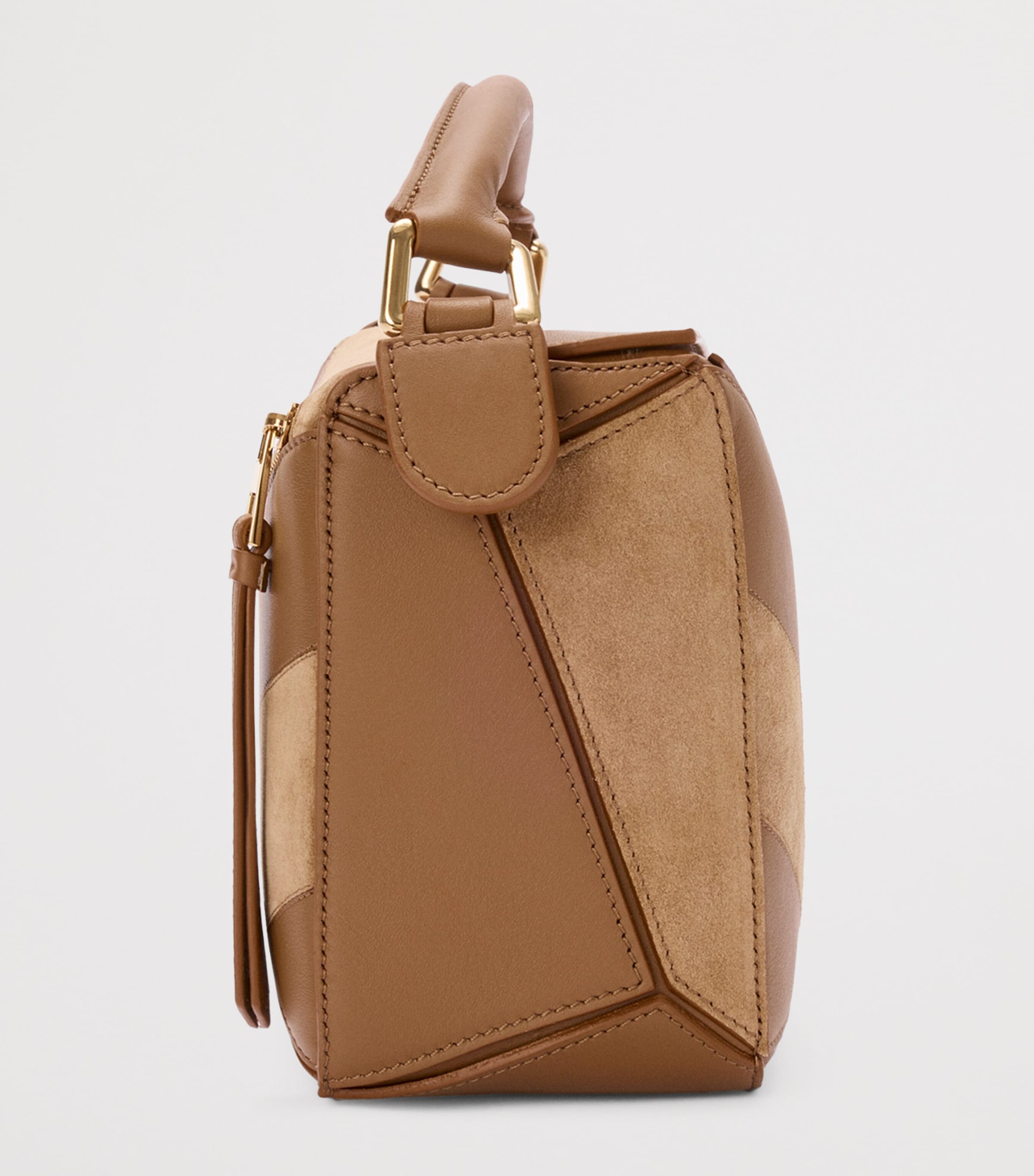 Small Leather Stripe Puzzle Edge Top-Handle Bag OAK Image 3