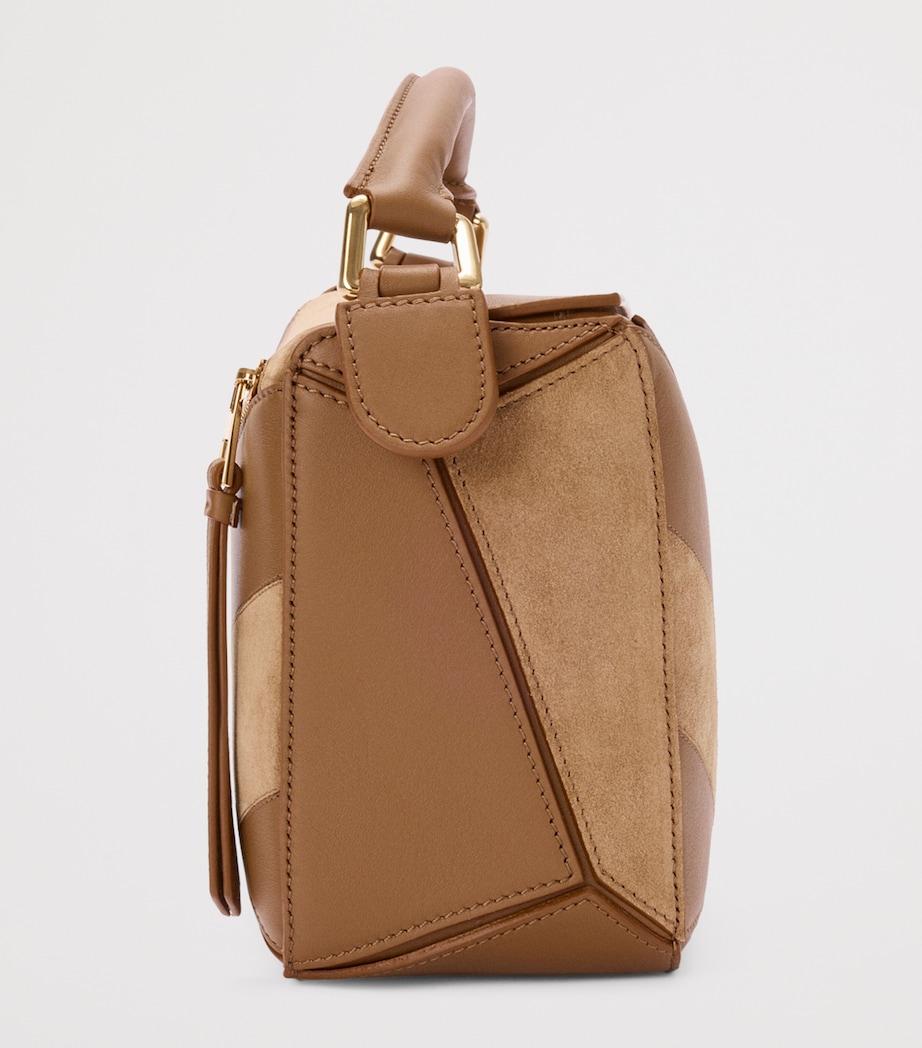 Small Leather Stripe Puzzle Edge Top-Handle Bag OAK Image 3