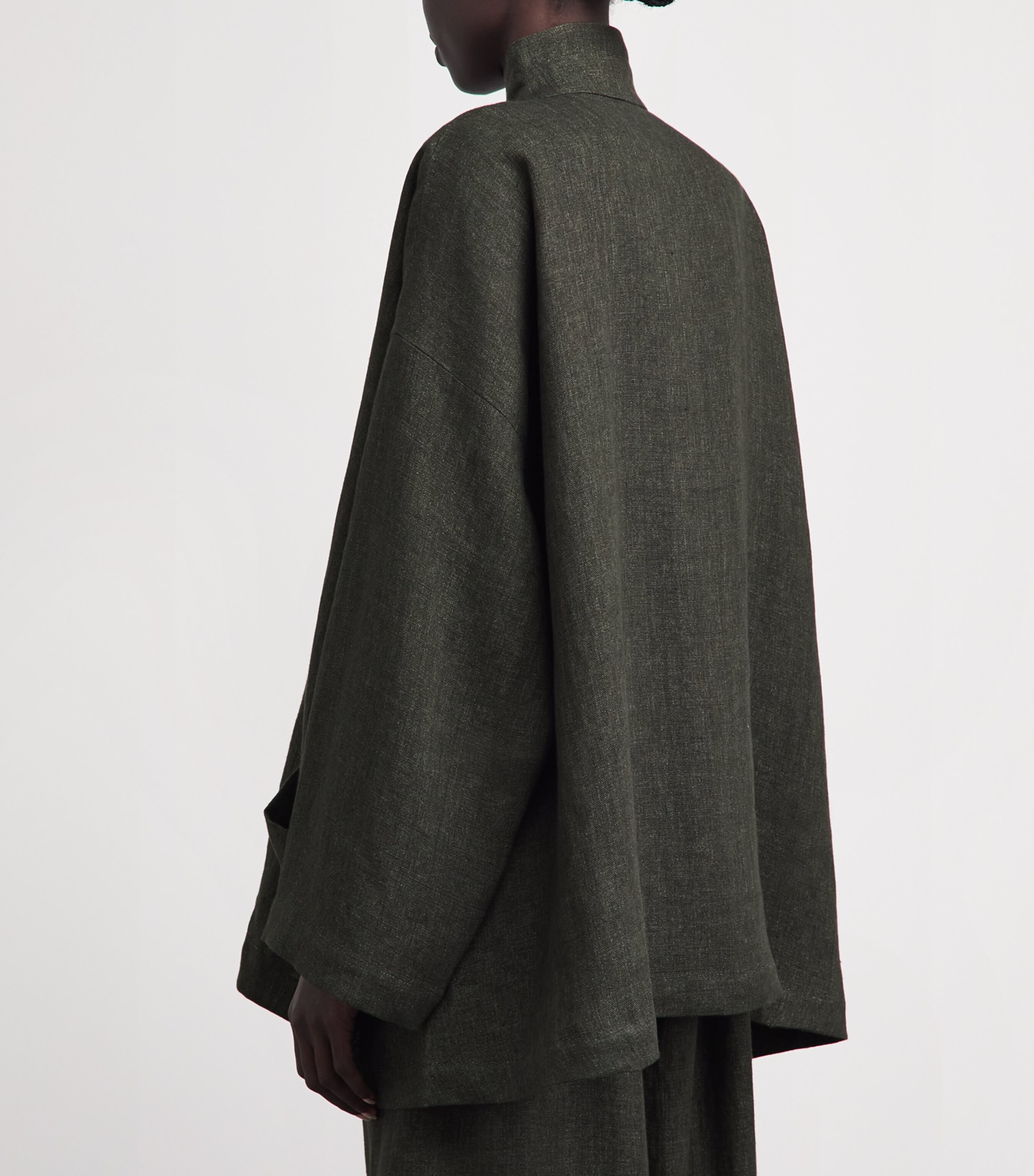 Eskandar Womens Linen Double Stand-Collar Longline Jacket Olivedark Image 5