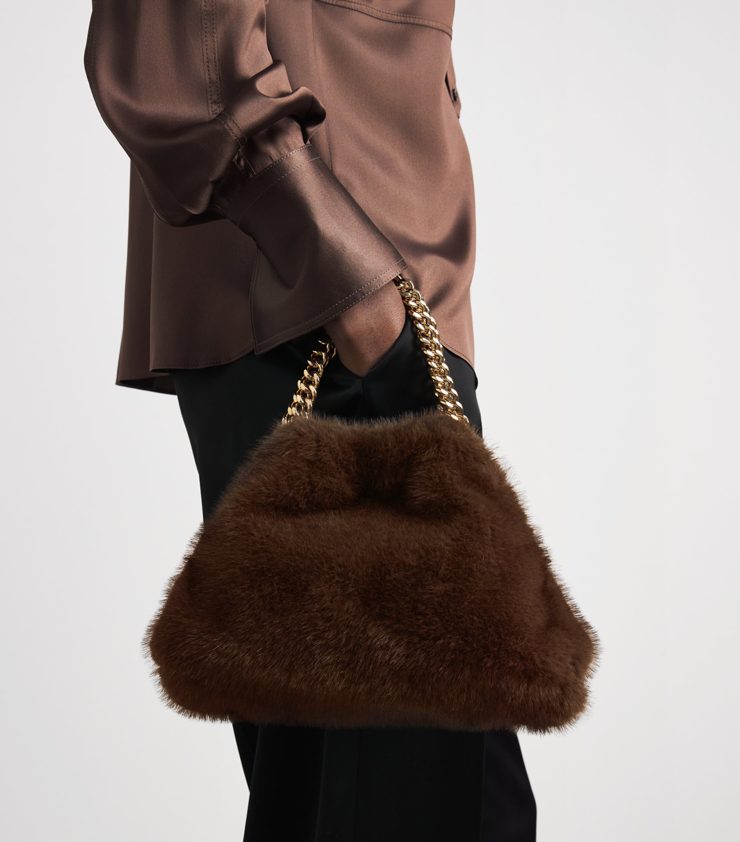 Stella McCartney Brown Mini Faux Fur Falabella Tote Bag | Harrods US
