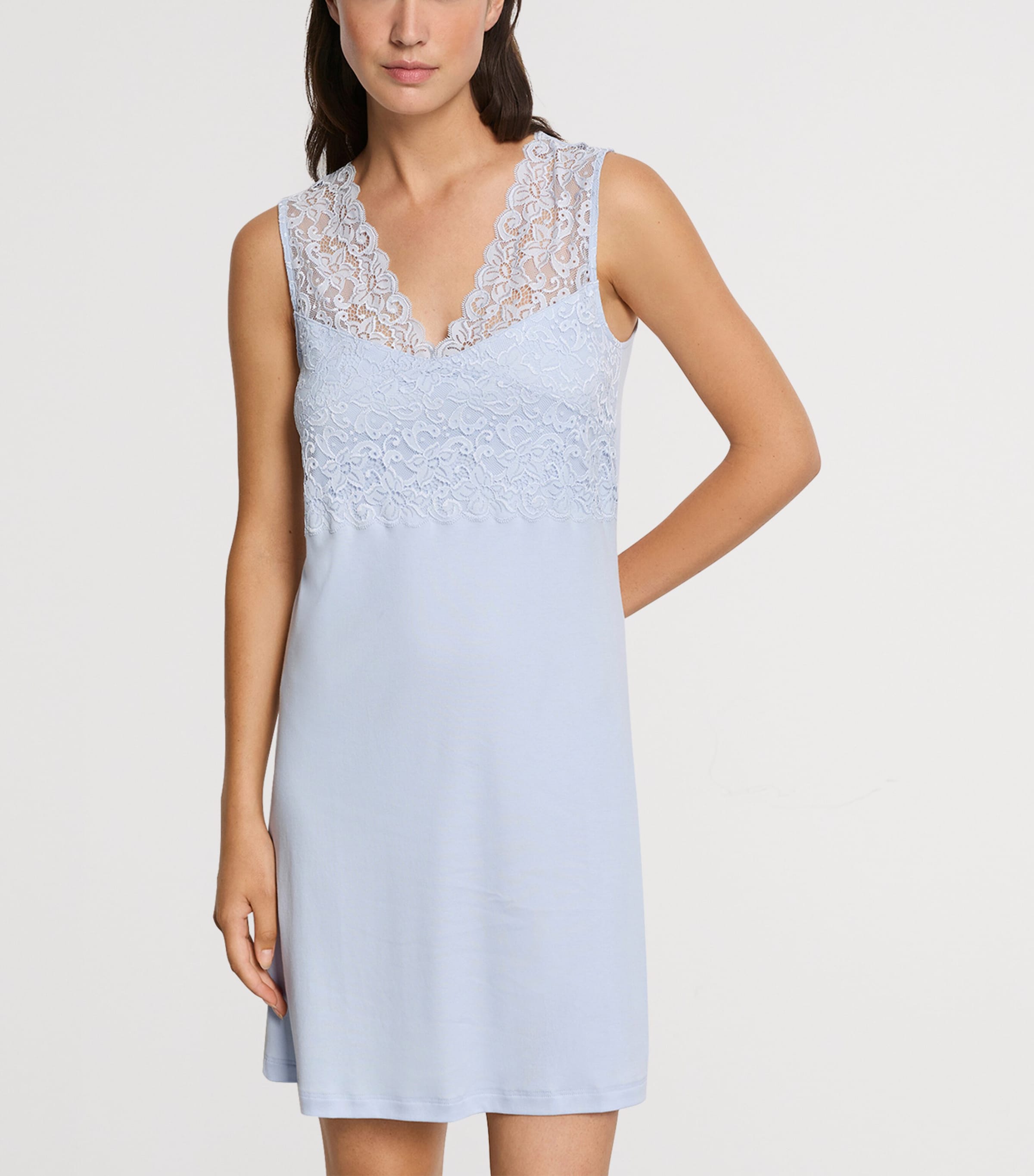 Hanro Womens Cotton Lace-Trim Moments Nightdress Blue Dove Image 2