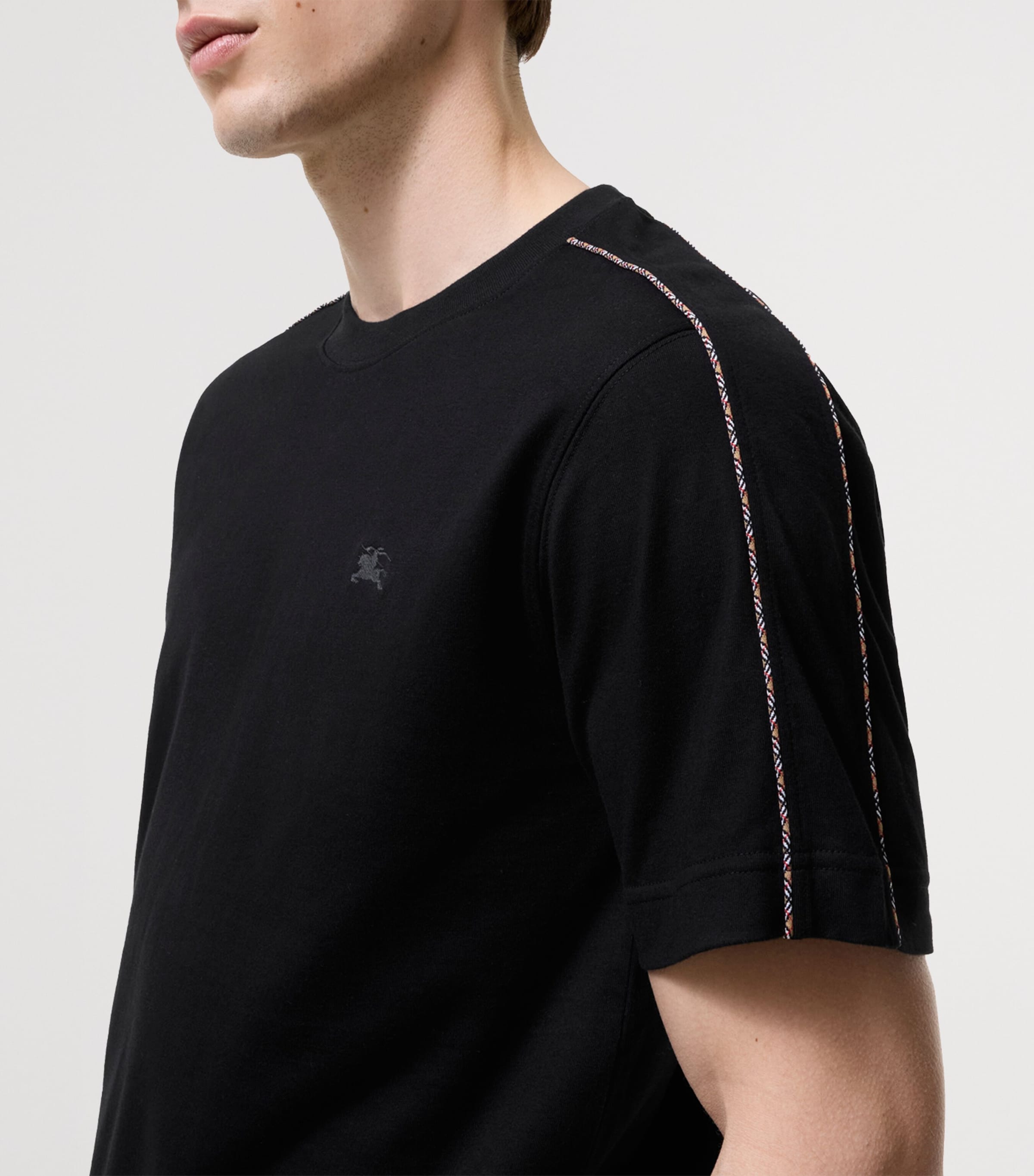 Burberry Mens Cotton Check-Piping Slim T-Shirt Black Image 3