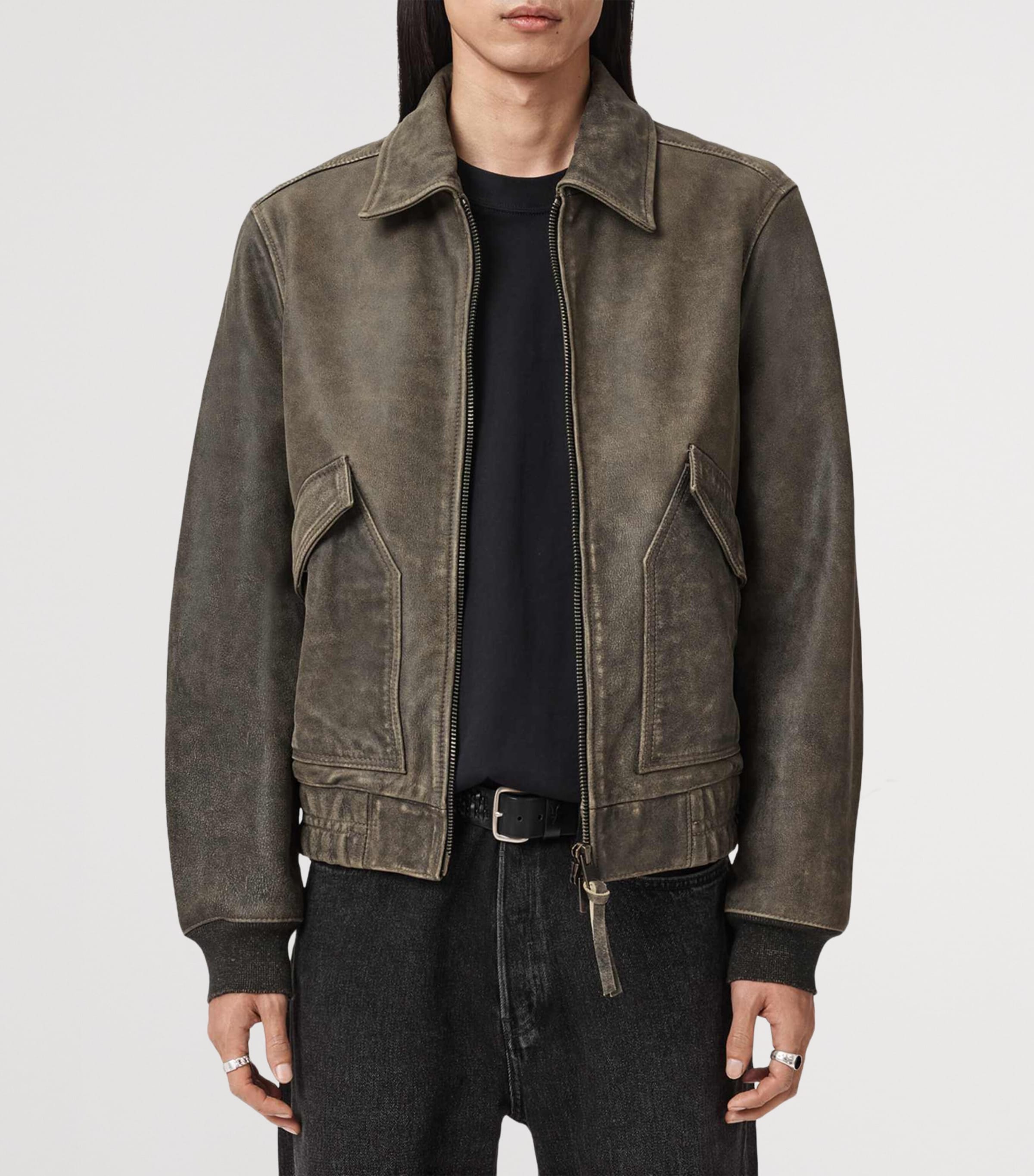 AllSaints Mens Marland Aviator Leather Jacket Black Beige Image 3