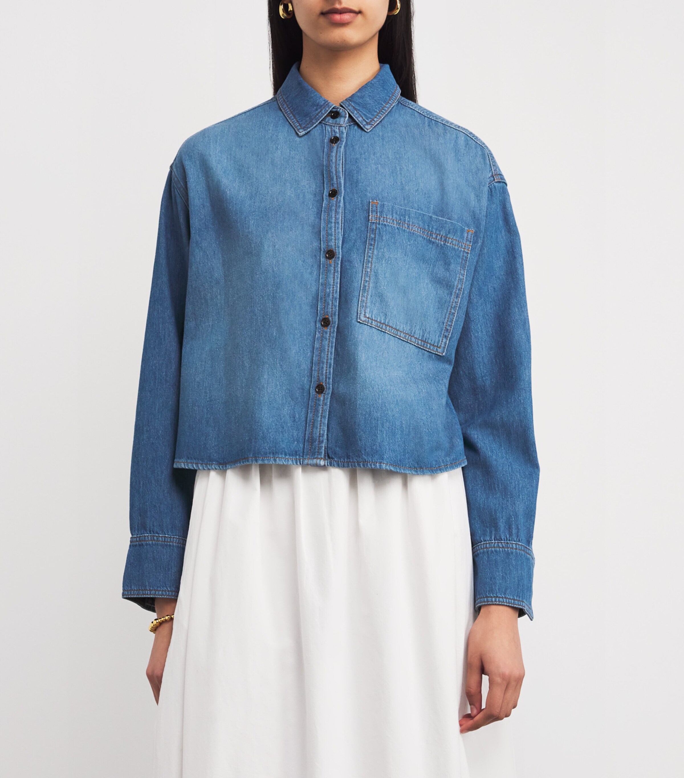 Cropped Denim Shirt WASHED MID BLUE Image 3