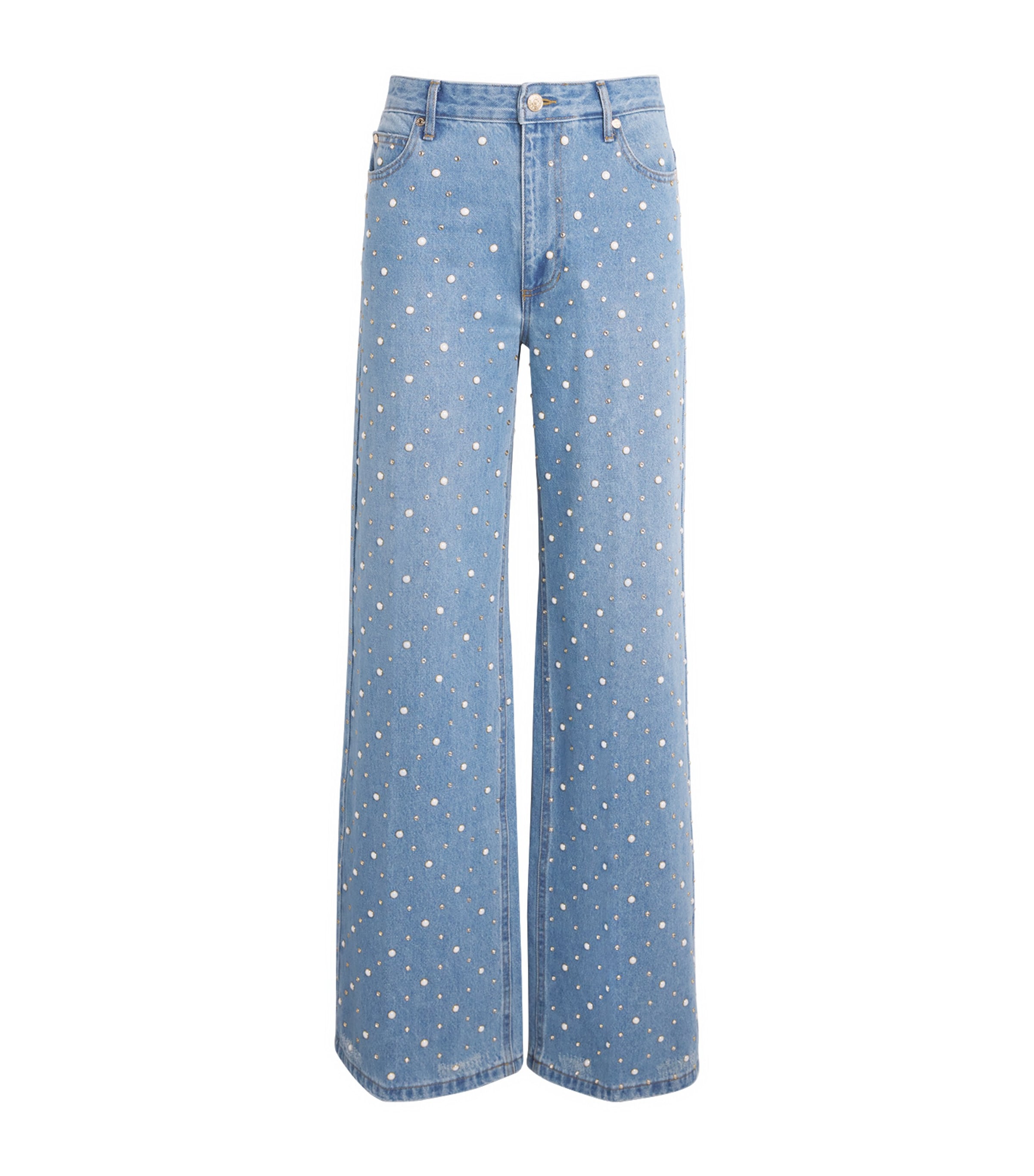 Sandro Embellished Wide Leg Jeans In Blue