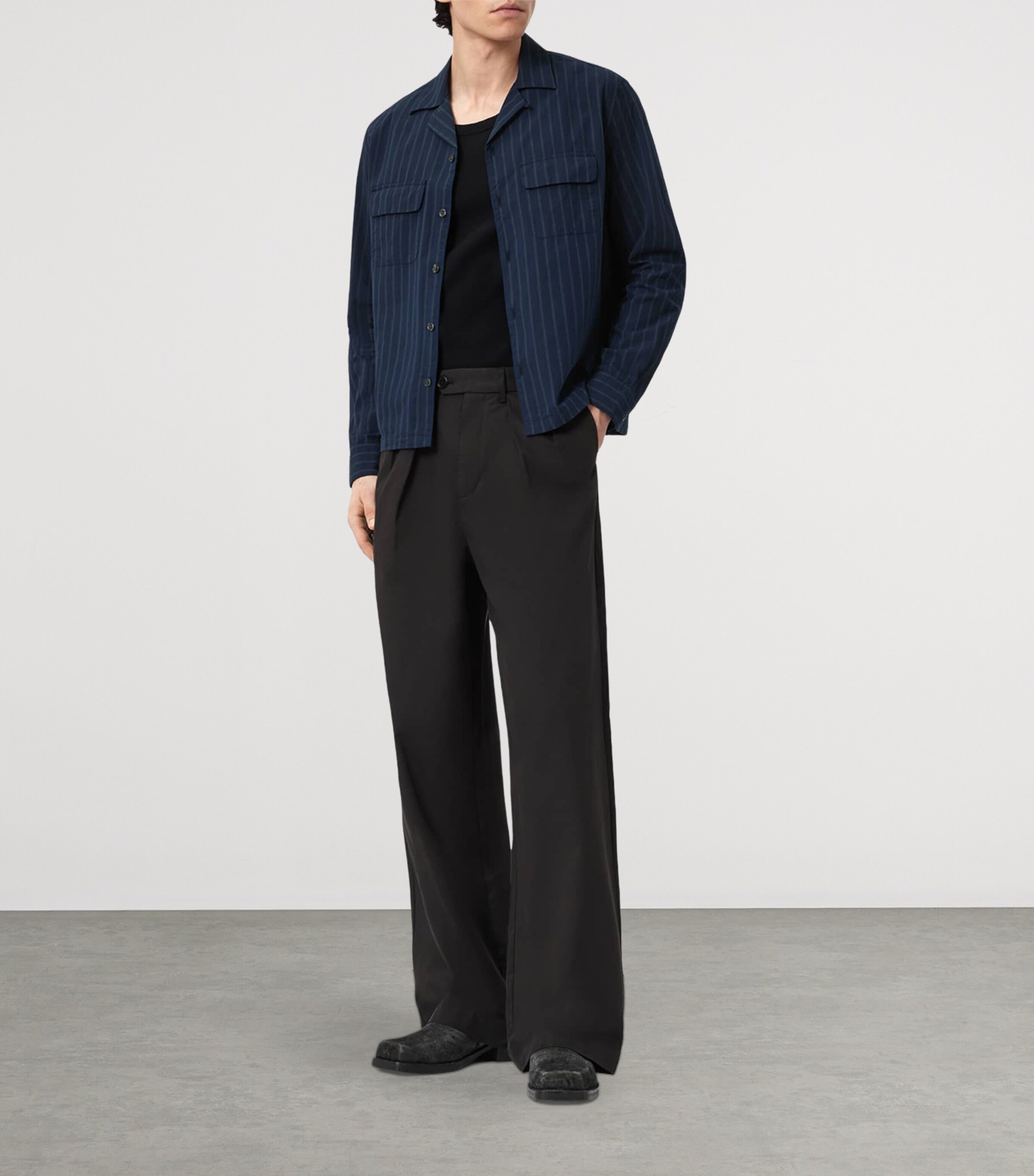 AllSaints Mens Organic Cotton Stripe Stanley Shirt Navy Blue Image 2