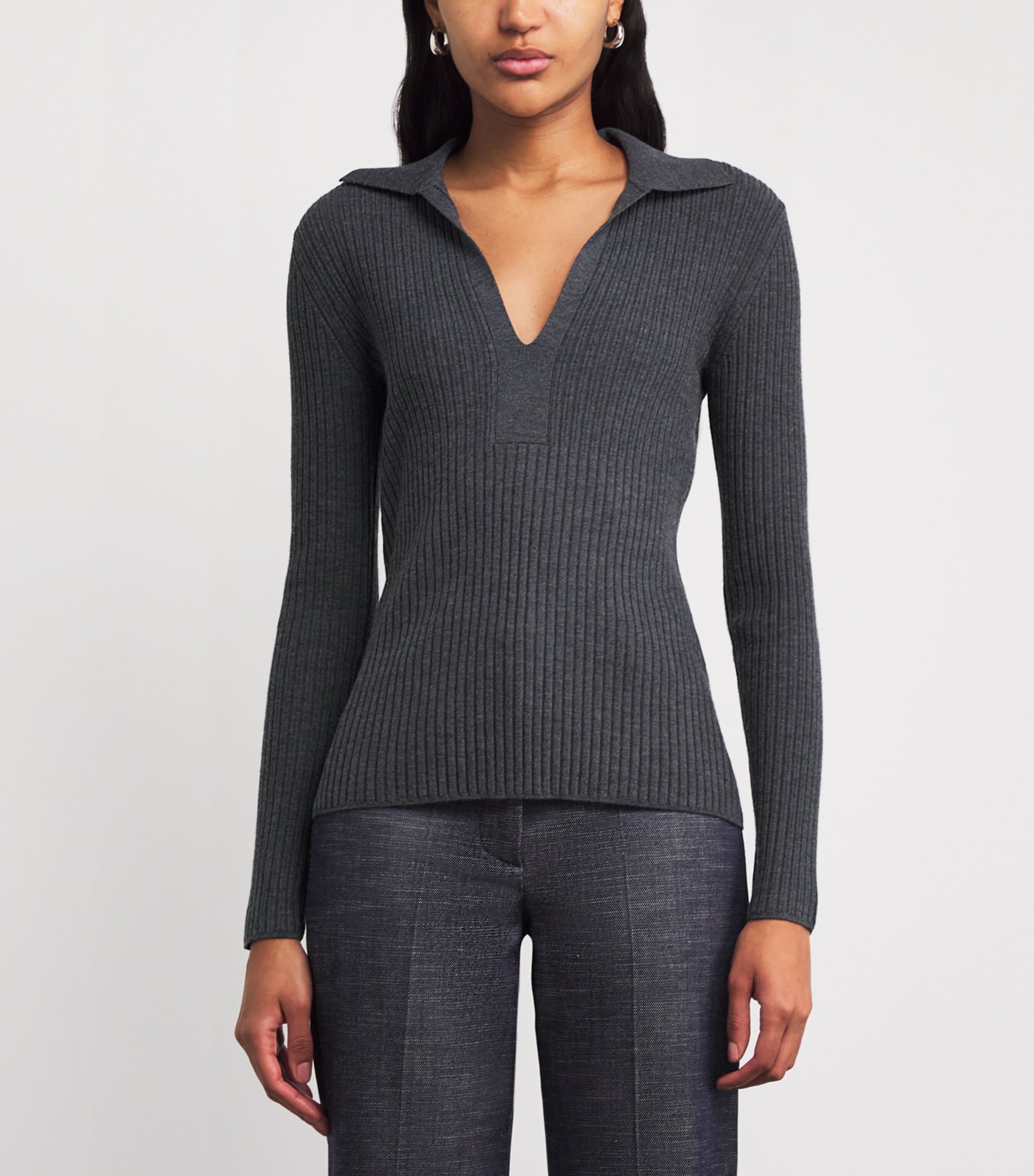 Merino-Blend Polo Top SMOKE Image 3