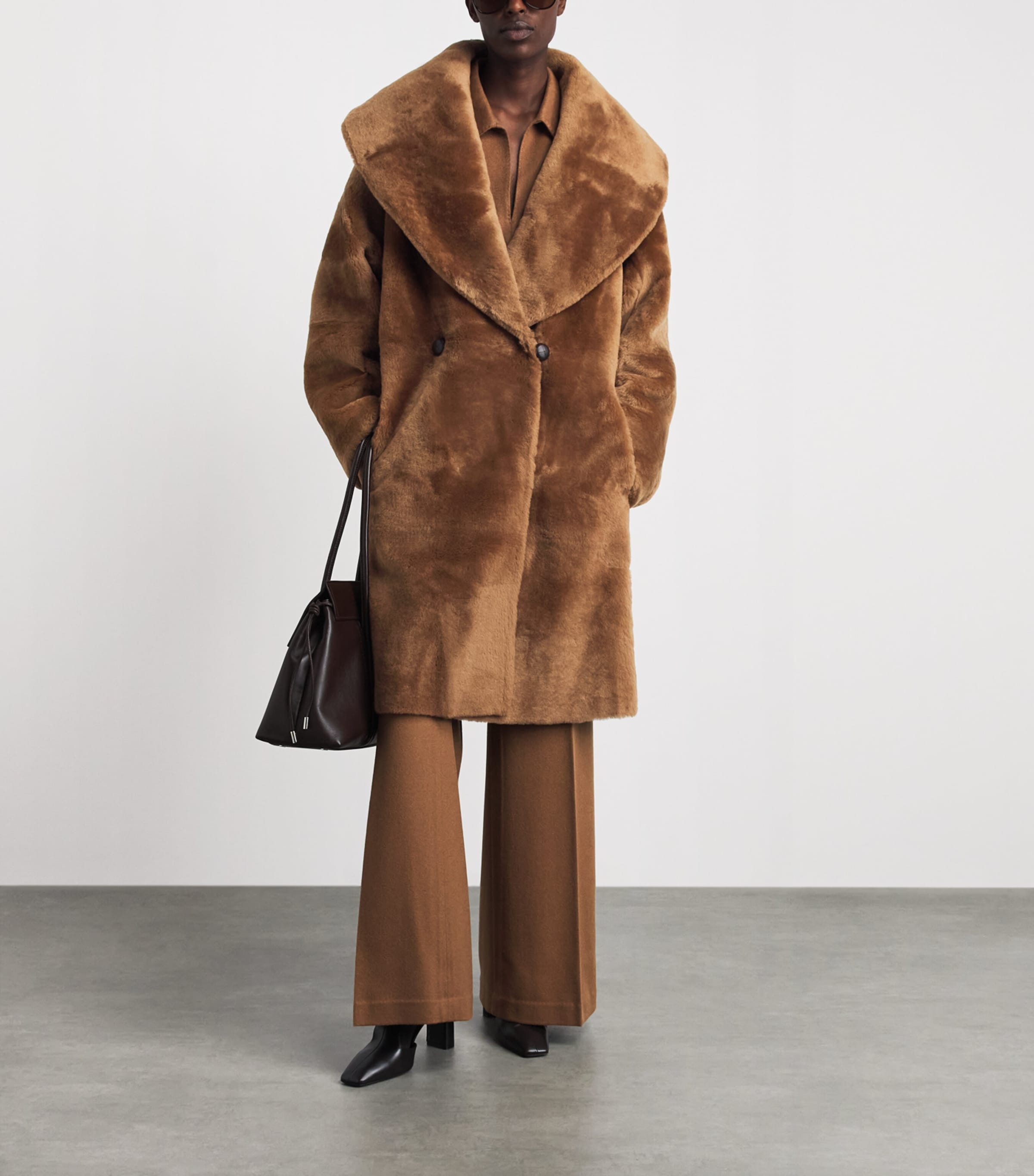 Lafayette 148 Womens Shearling Reversible Shawl-Collar Coat Vicuna Image 2
