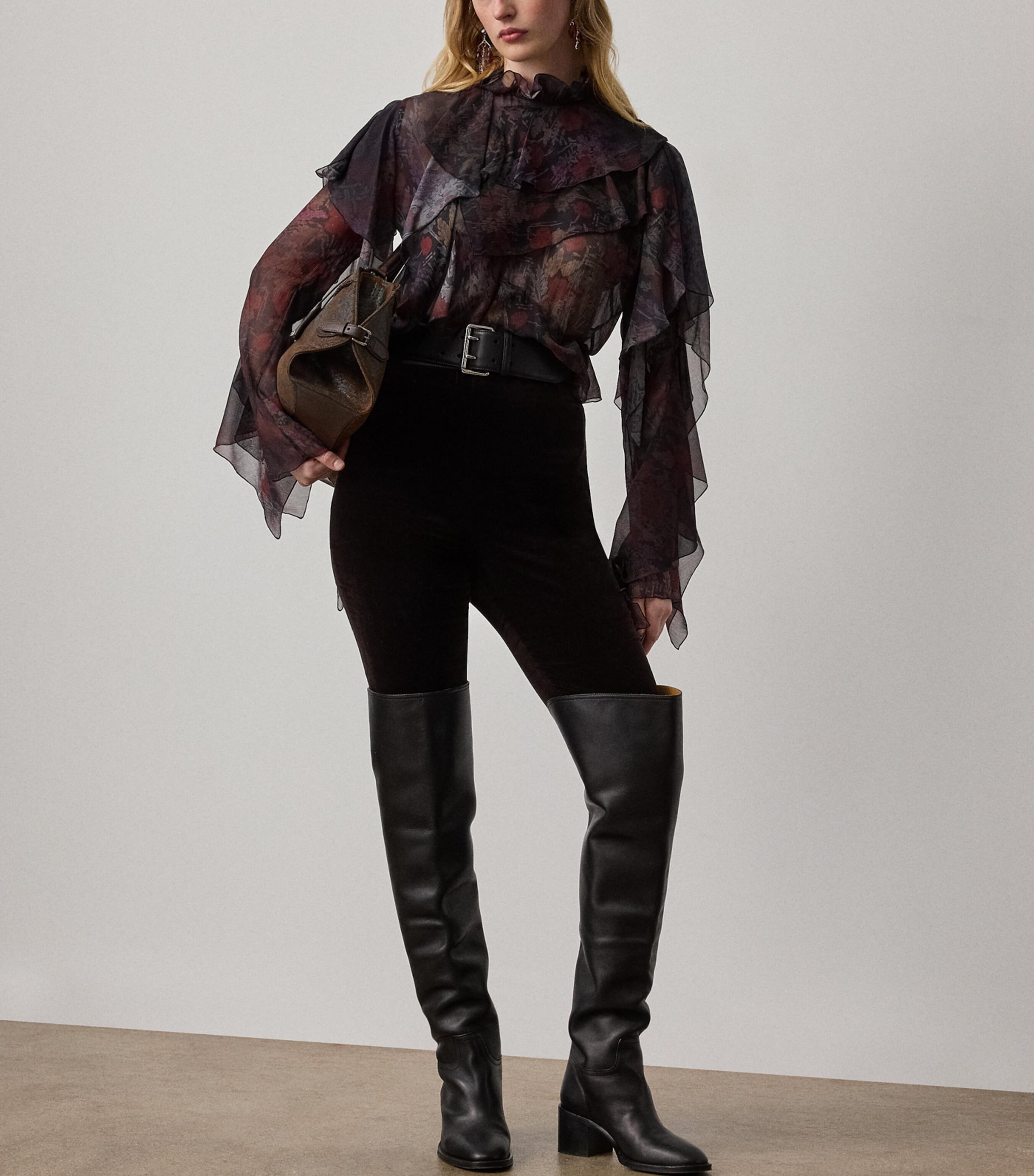 Silk Chiffon Ruffle-Trim Ilene Blouse BLACK/CRIMSON MULTI Image 2