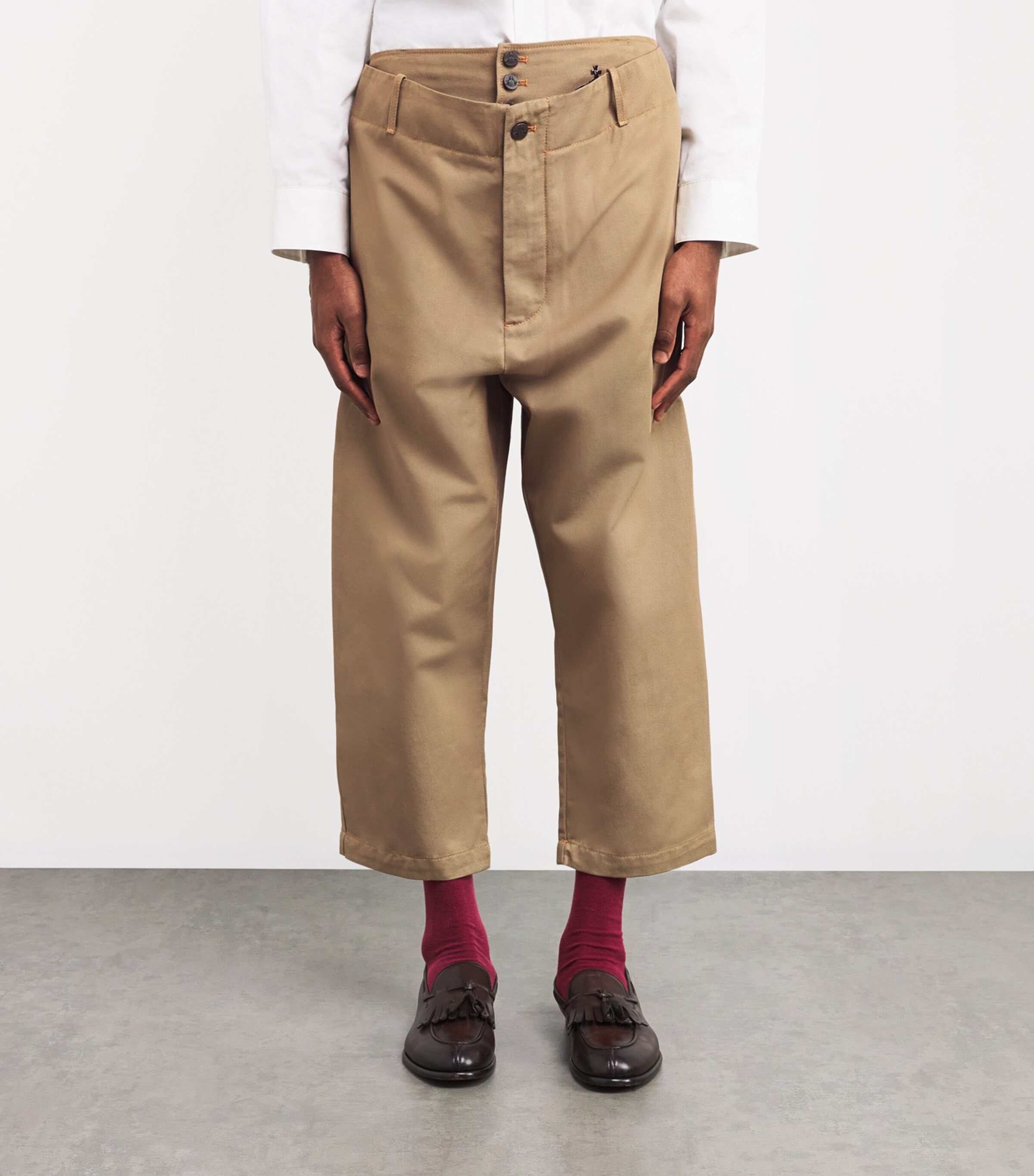 Vivienne Westwood Mens Drill Cropped Wide-Leg Trousers Camel Image 3
