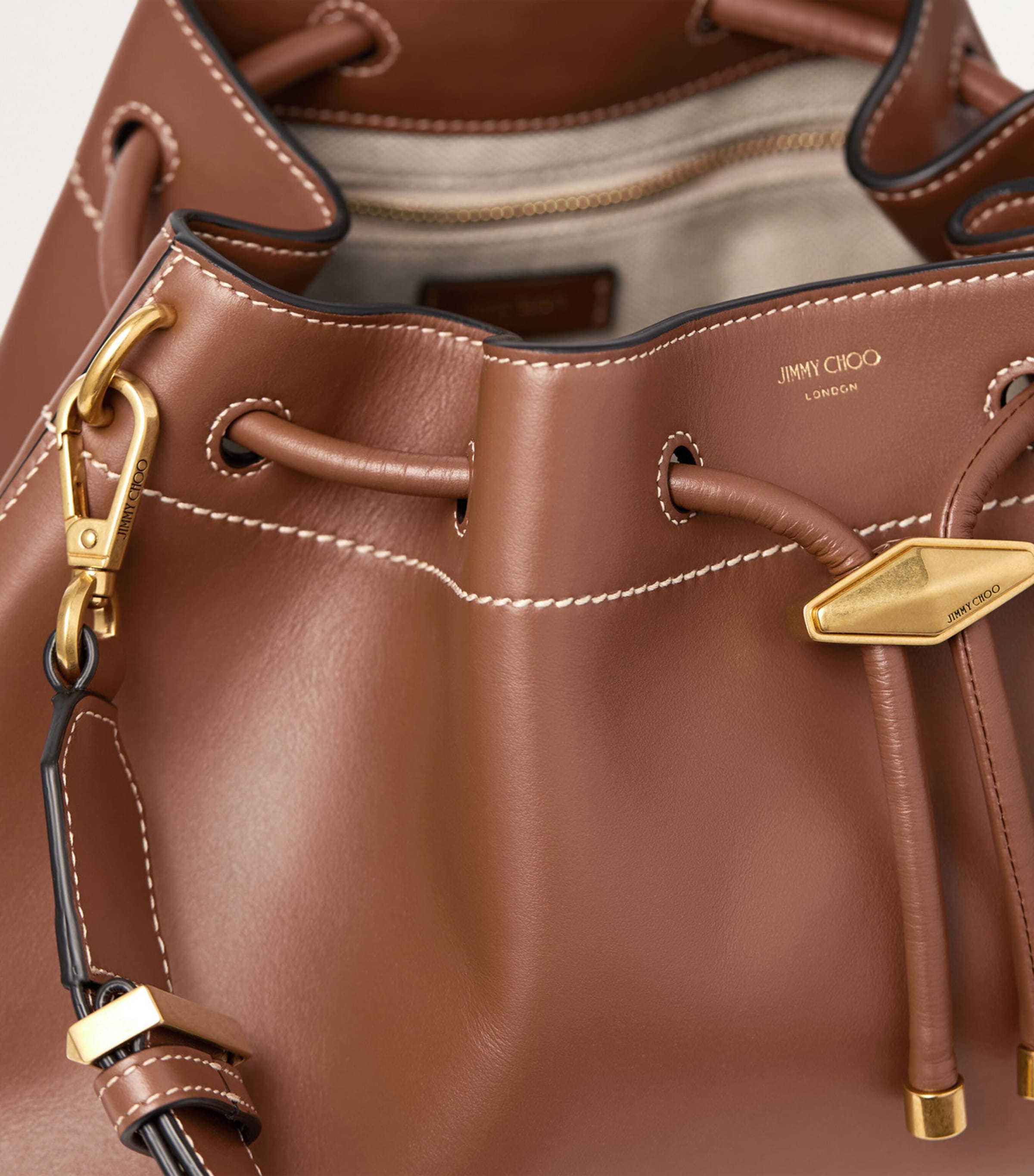 Medium Cinch Leather Bucket Bag TAN/ECRU/GOLD Image 2