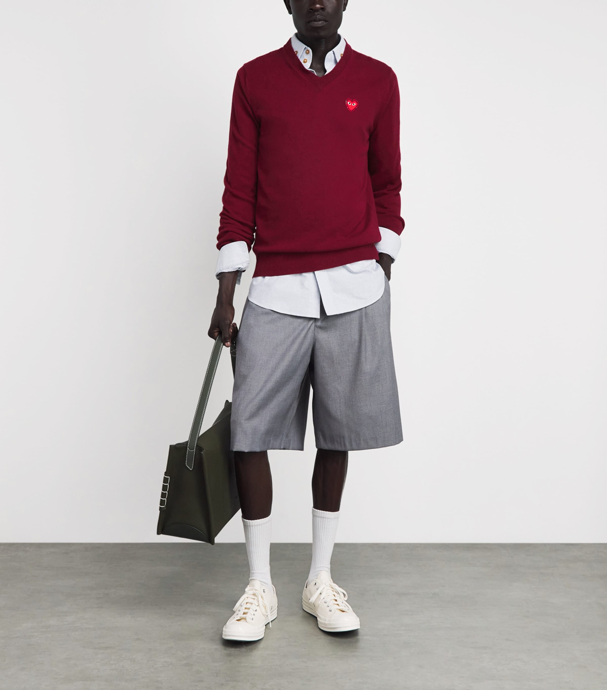 Comme Des Garçons Play Mens Wool Rhinestone Heart V-Neck Sweater Burgundy Image 2